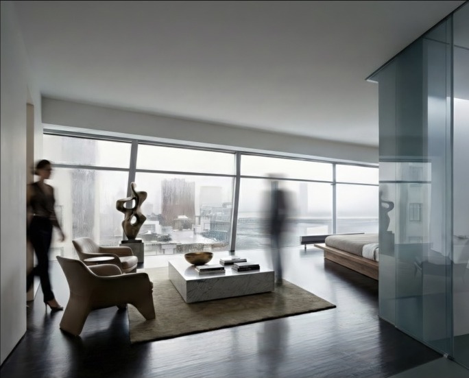 166 Perry Street bedroom with translucent glass partitions and city views