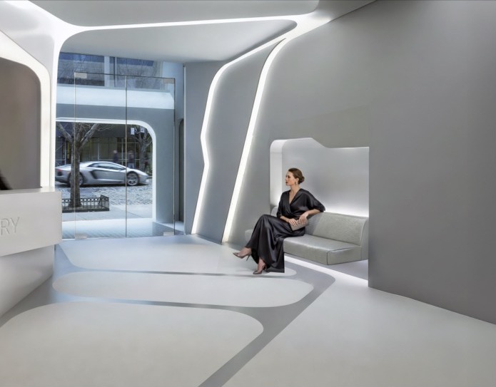 166 Perry Street sculptural lobby interior with flowing white forms and integrated lighting