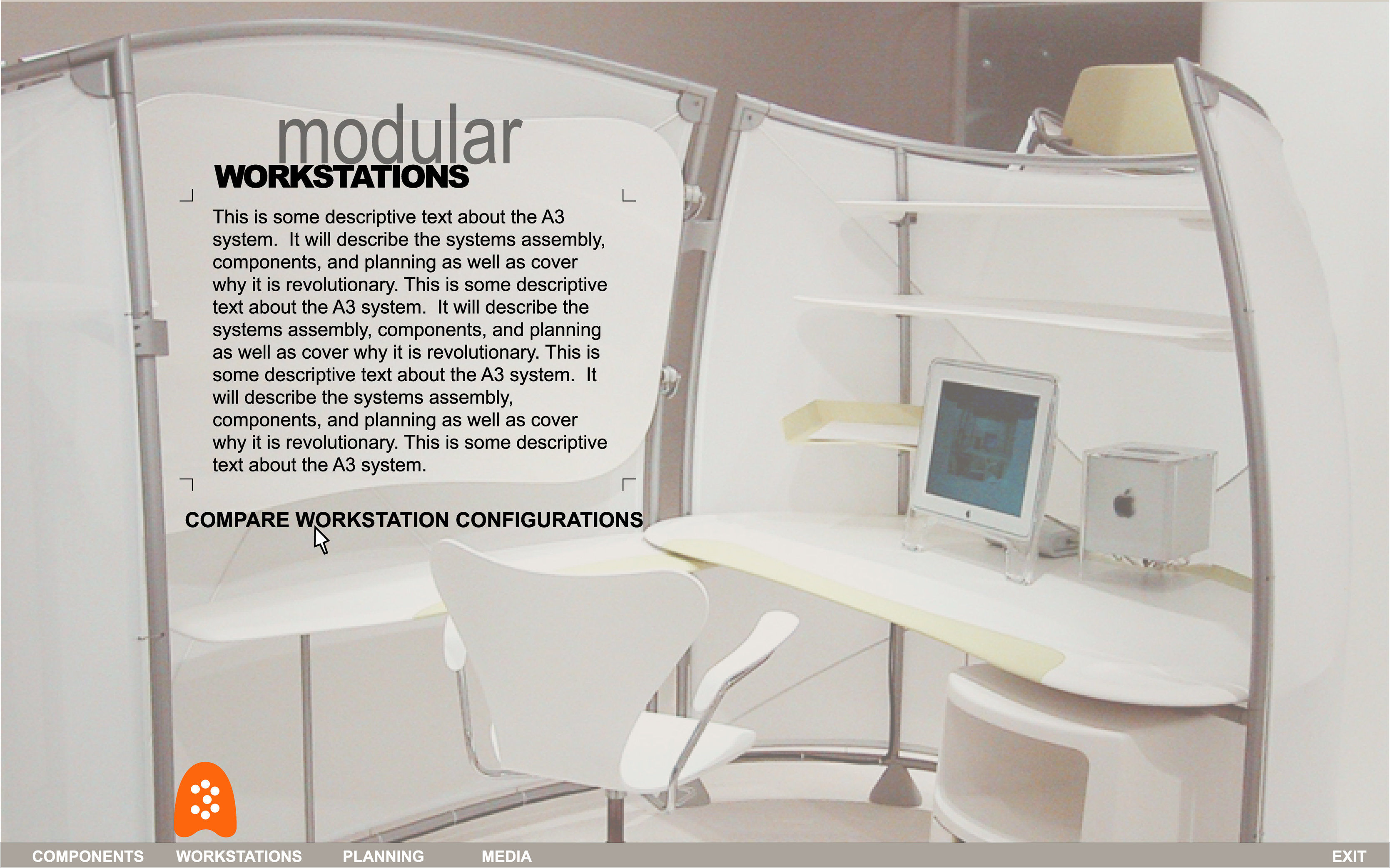 The A3i Workstations section showing the modular workstation environment photographed at full scale, with text overlay describing the system and navigation to compare configurations