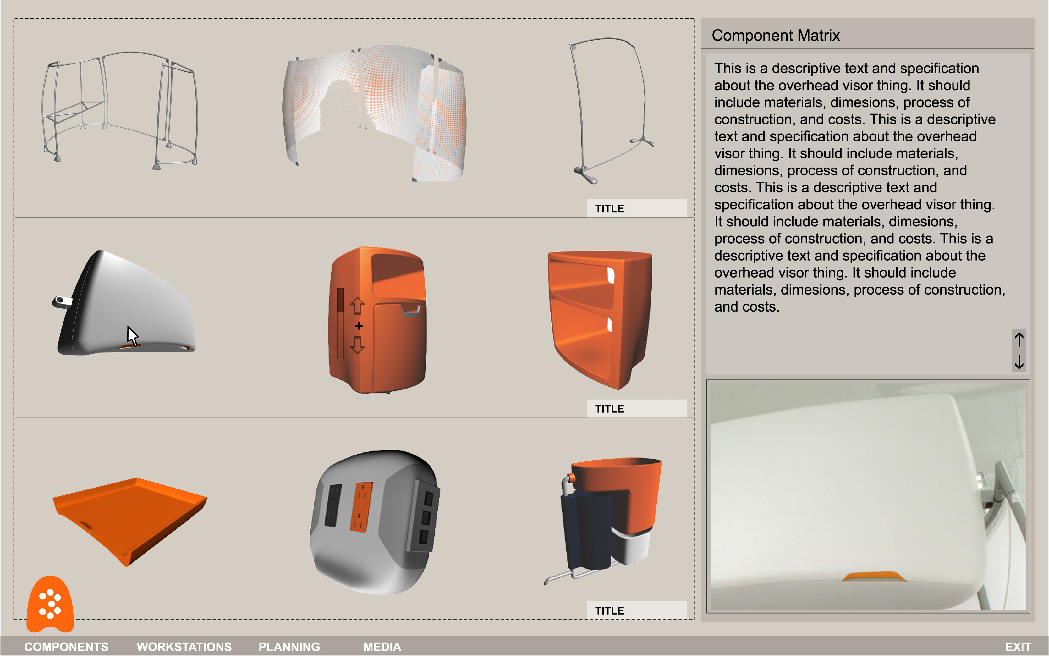 The A3i Component Matrix screen displaying all individual furniture elements — screens, overhead cabinets, surfaces, pedestals — organized in a visual grid with specifications panel