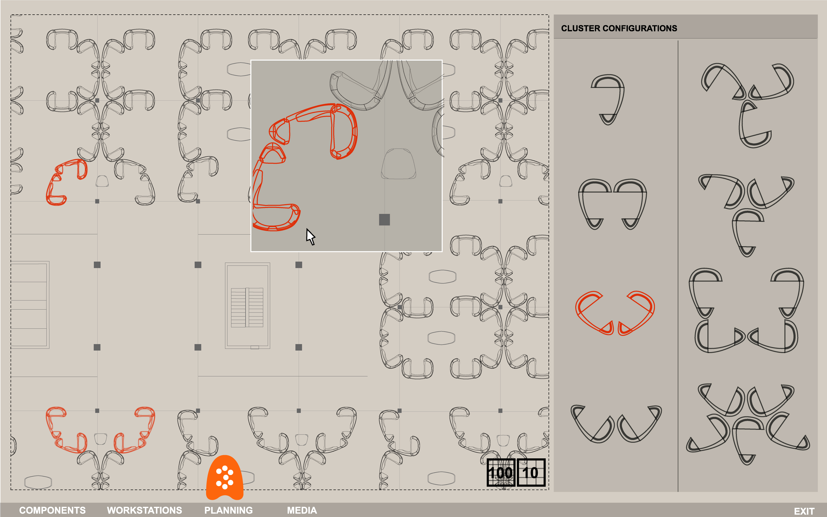 A3i full office floor plan showing workstation clusters distributed across an entire floor with interactive zoom panel, cluster configuration selector, and scale controls
