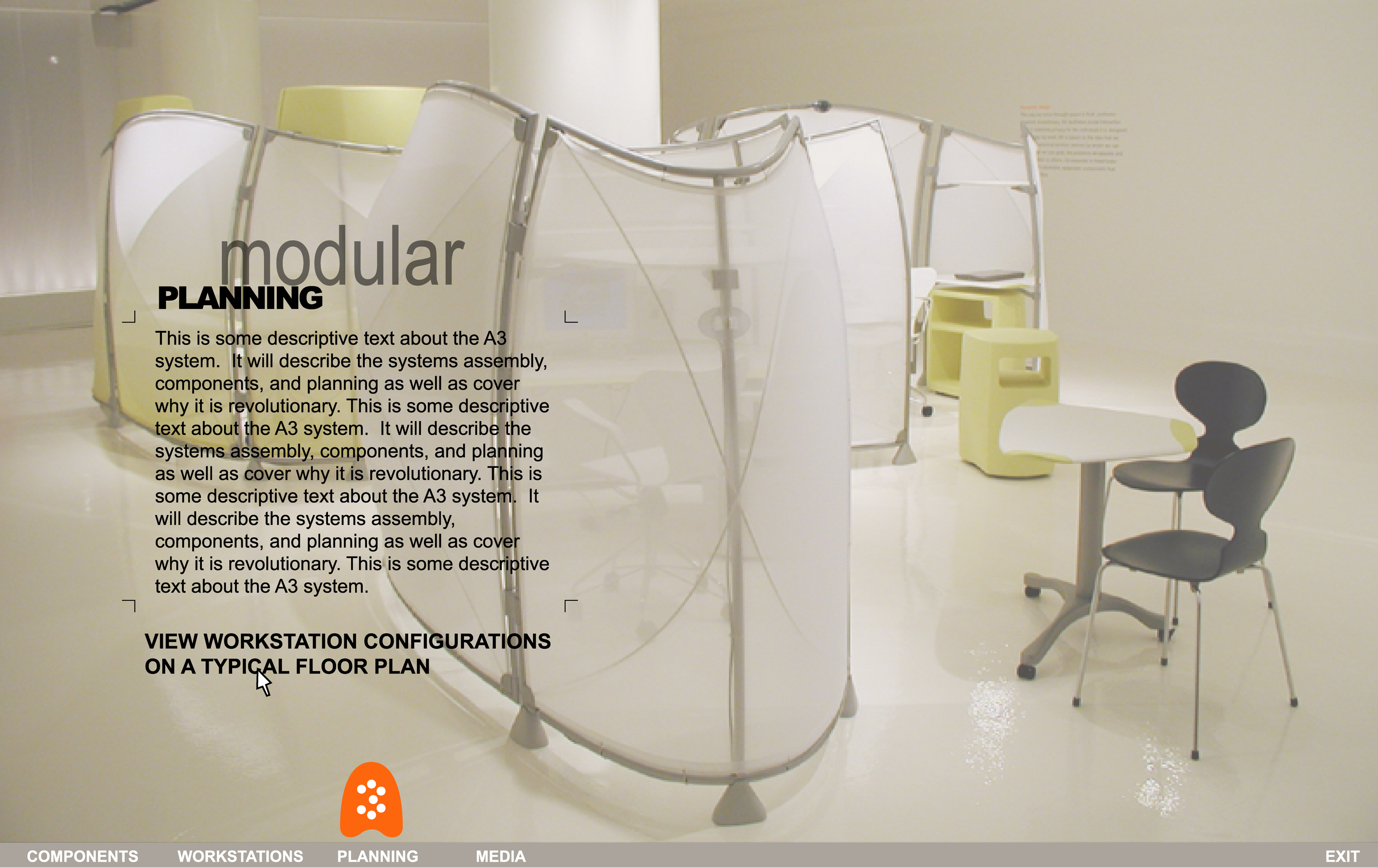 The A3i Planning section showing a photograph of A3 workstations installed in a showroom environment with translucent screens, Arne Jacobsen chairs, and navigation to floor plan configurations