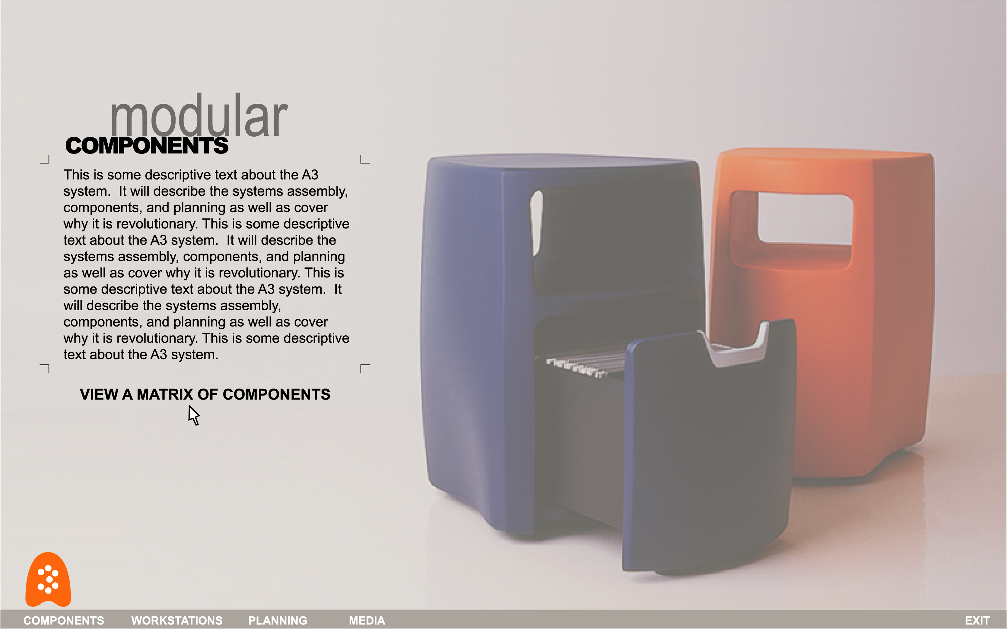 The A3i Components landing page showing modular storage elements — file cabinets and pedestals in grey and orange — with navigation to the component matrix