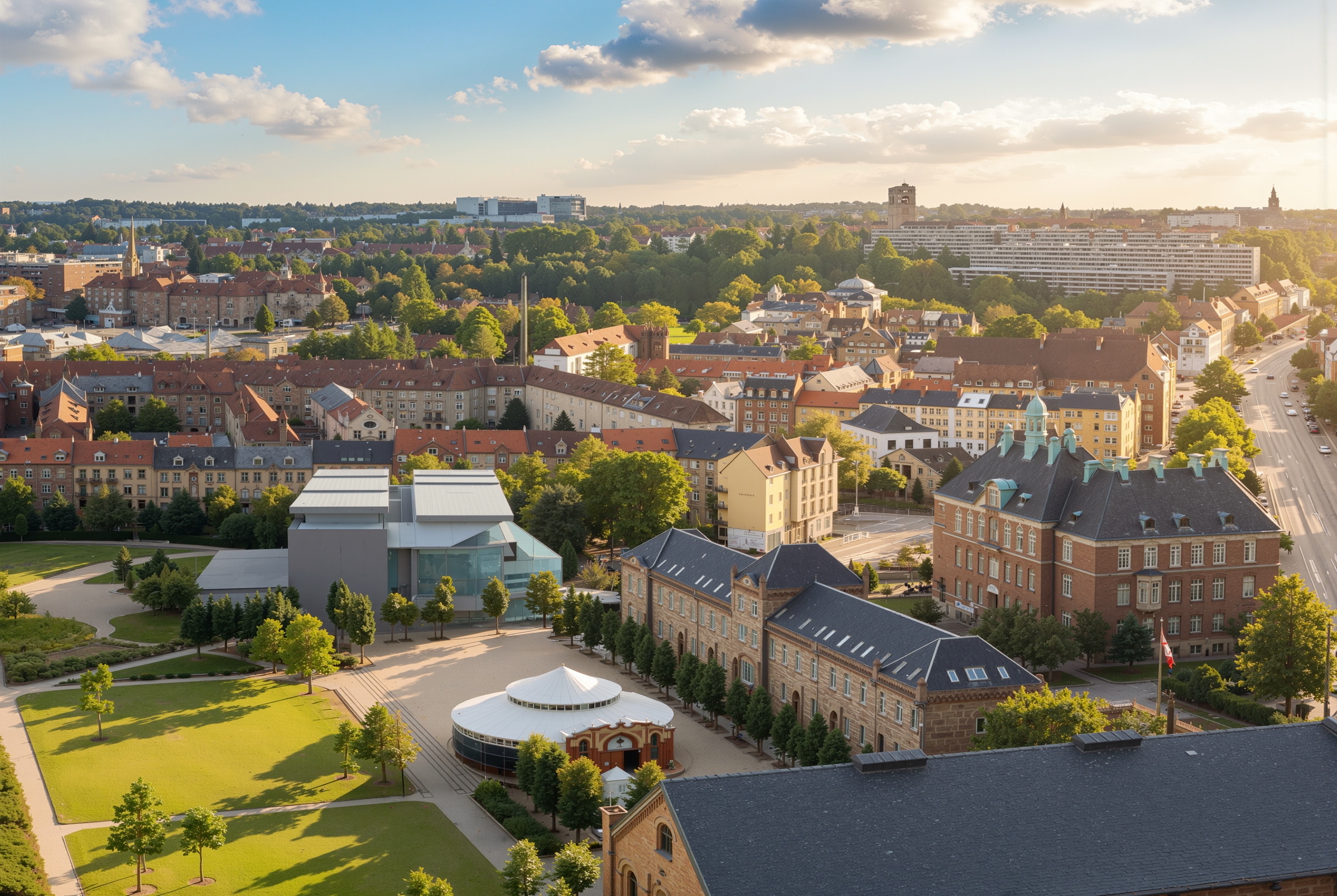 Aerial view of Aarhus showing the museum nestled among historic buildings, parks, and the broader city skyline at golden hour