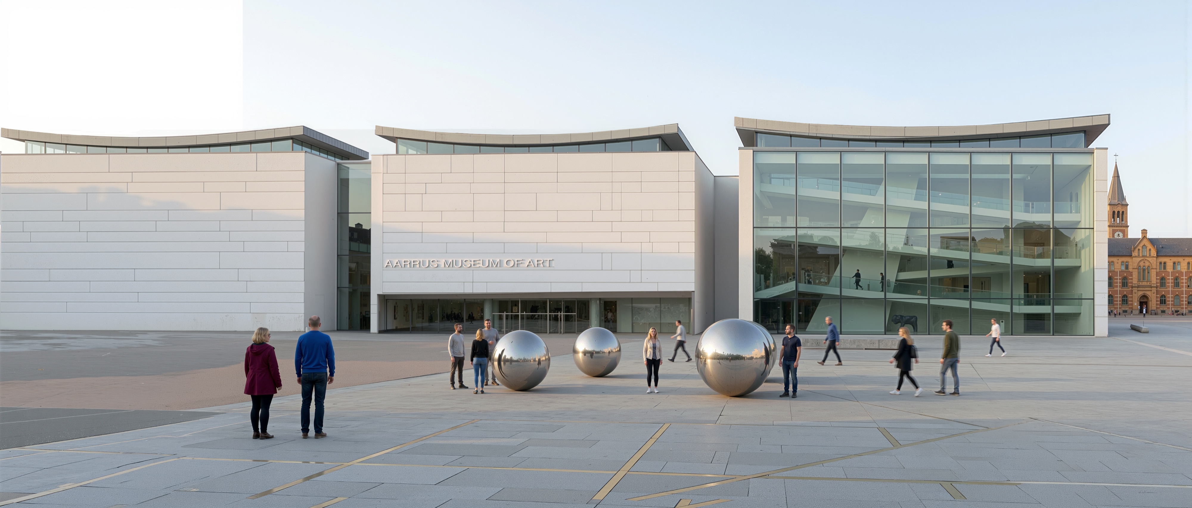 Panoramic ground-level view of the museum entrance with visitors walking among polished steel spheres and the twin-volume facade beyond