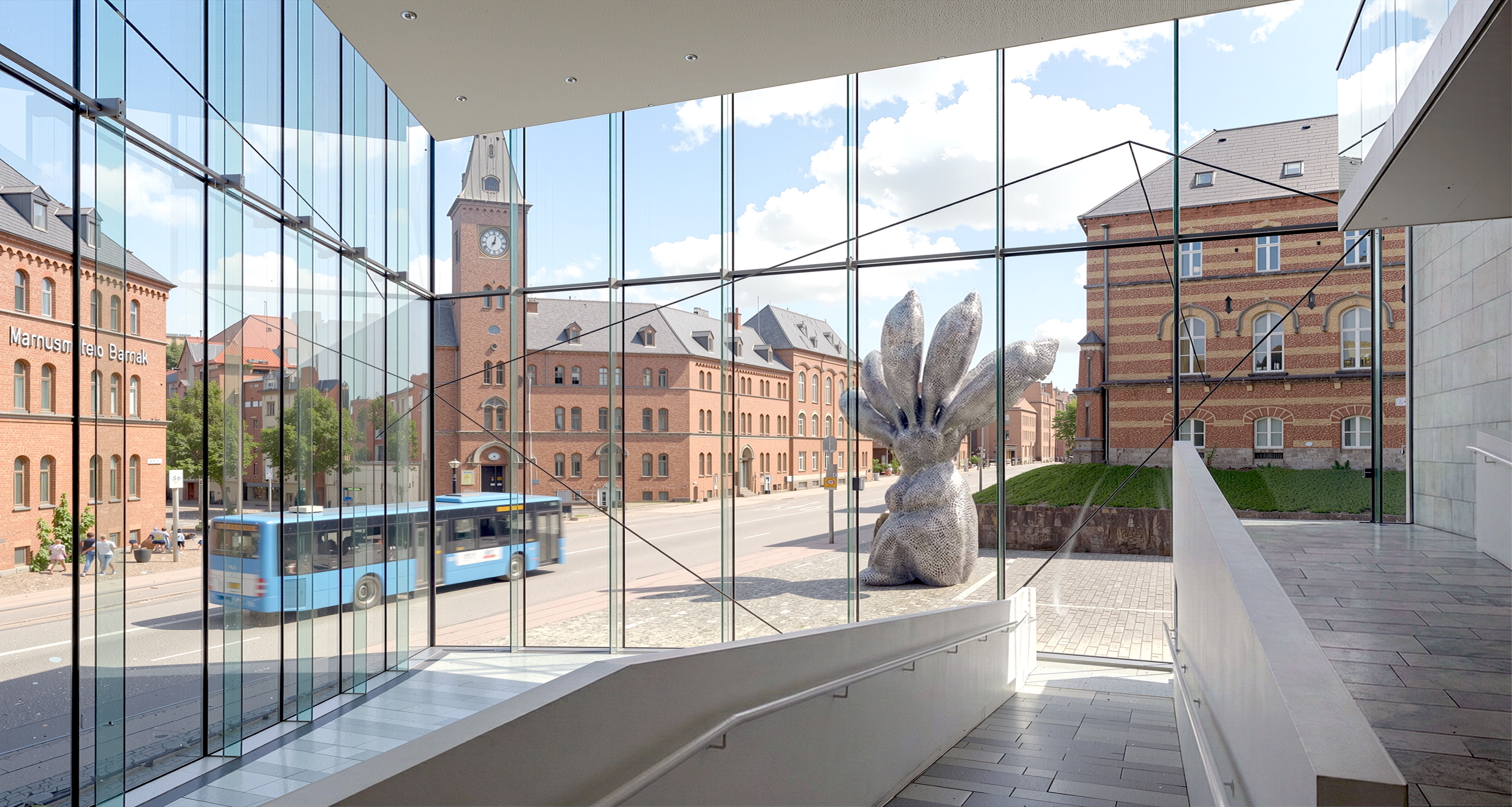 Interior view looking outward through the full-height glass curtain wall toward historic brick buildings and the sculpture courtyard