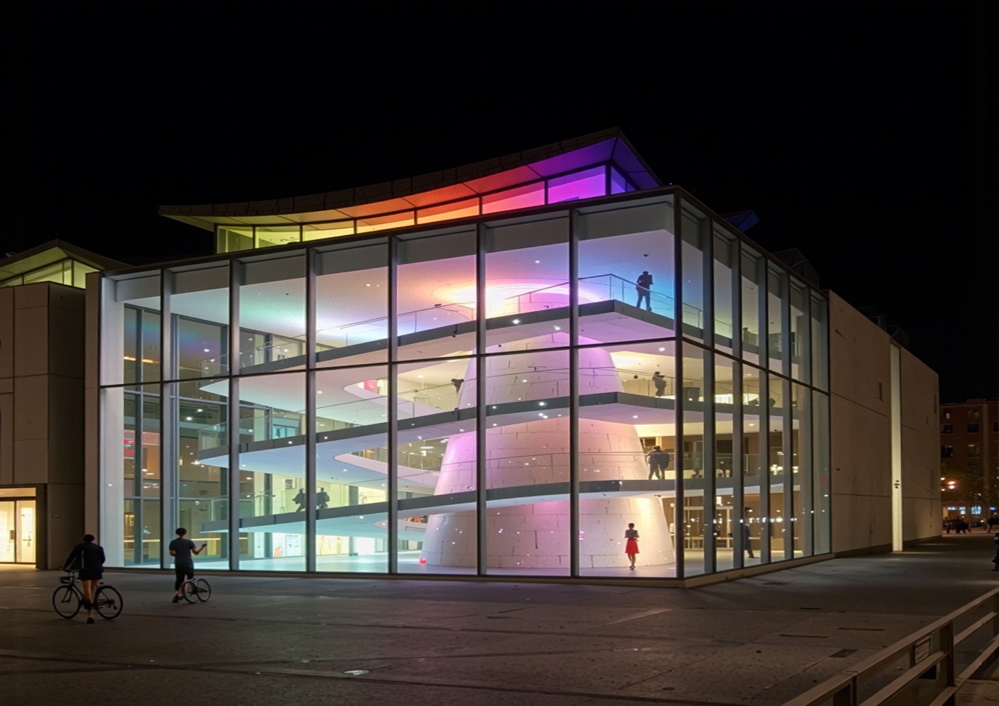 Night view of the museum with its glass facade illuminated in a vivid rainbow spectrum of colors casting light across the plaza