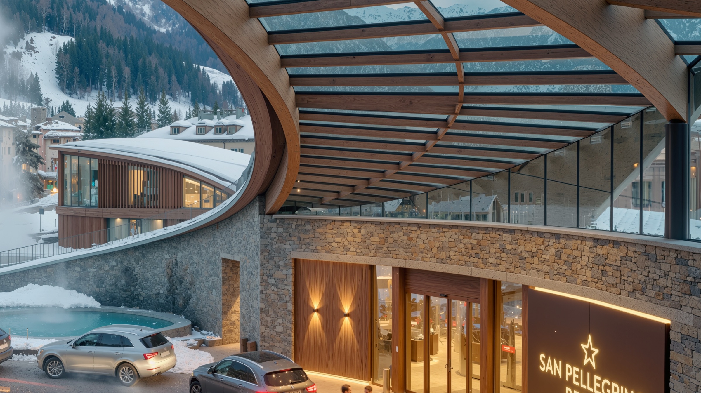 Close view of the museum facade with the blue flower-like sculpture in the foreground and spiraling gallery ramps visible through the glass walls