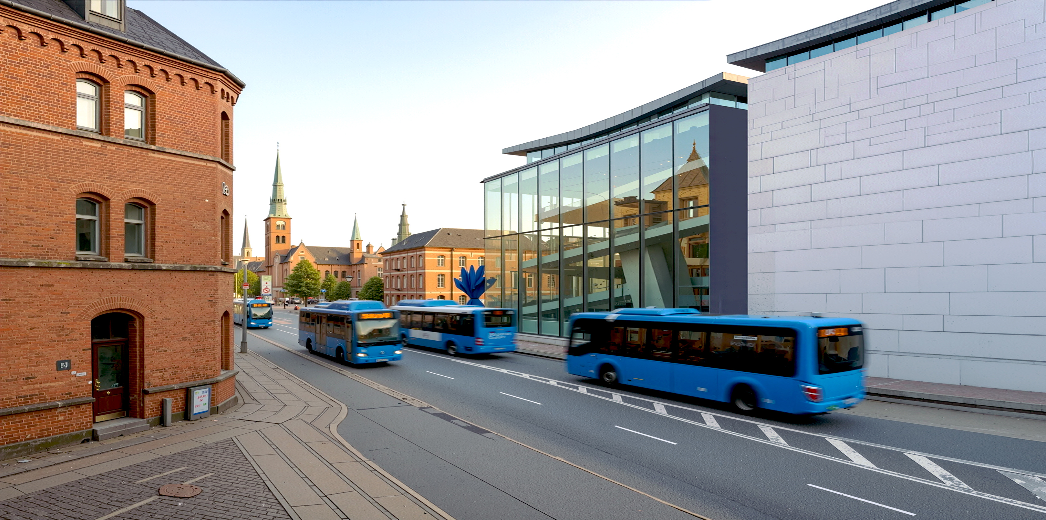 The museum set within its urban context along a busy street with blue city buses passing the glazed facade and historic brick buildings opposite