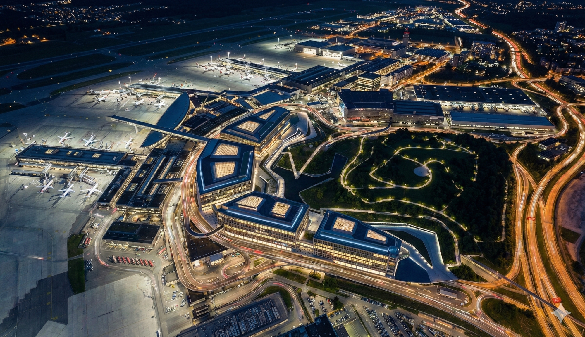 Wide night aerial showing The Circle's illuminated courtyards integrated within the full Zurich Airport campus