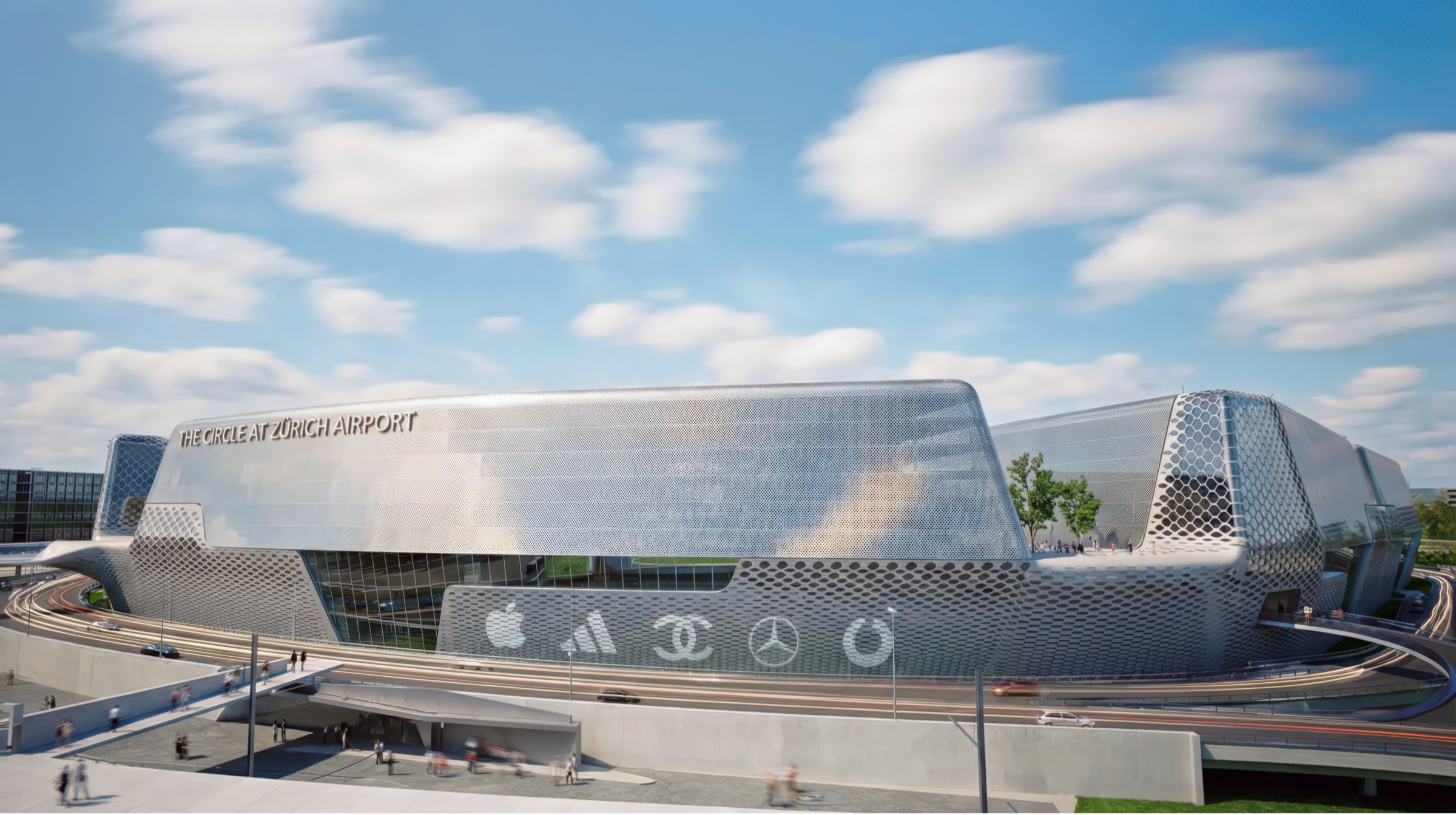 Daytime exterior of The Circle at Zurich Airport showing the sweeping metallic facade with brand signage