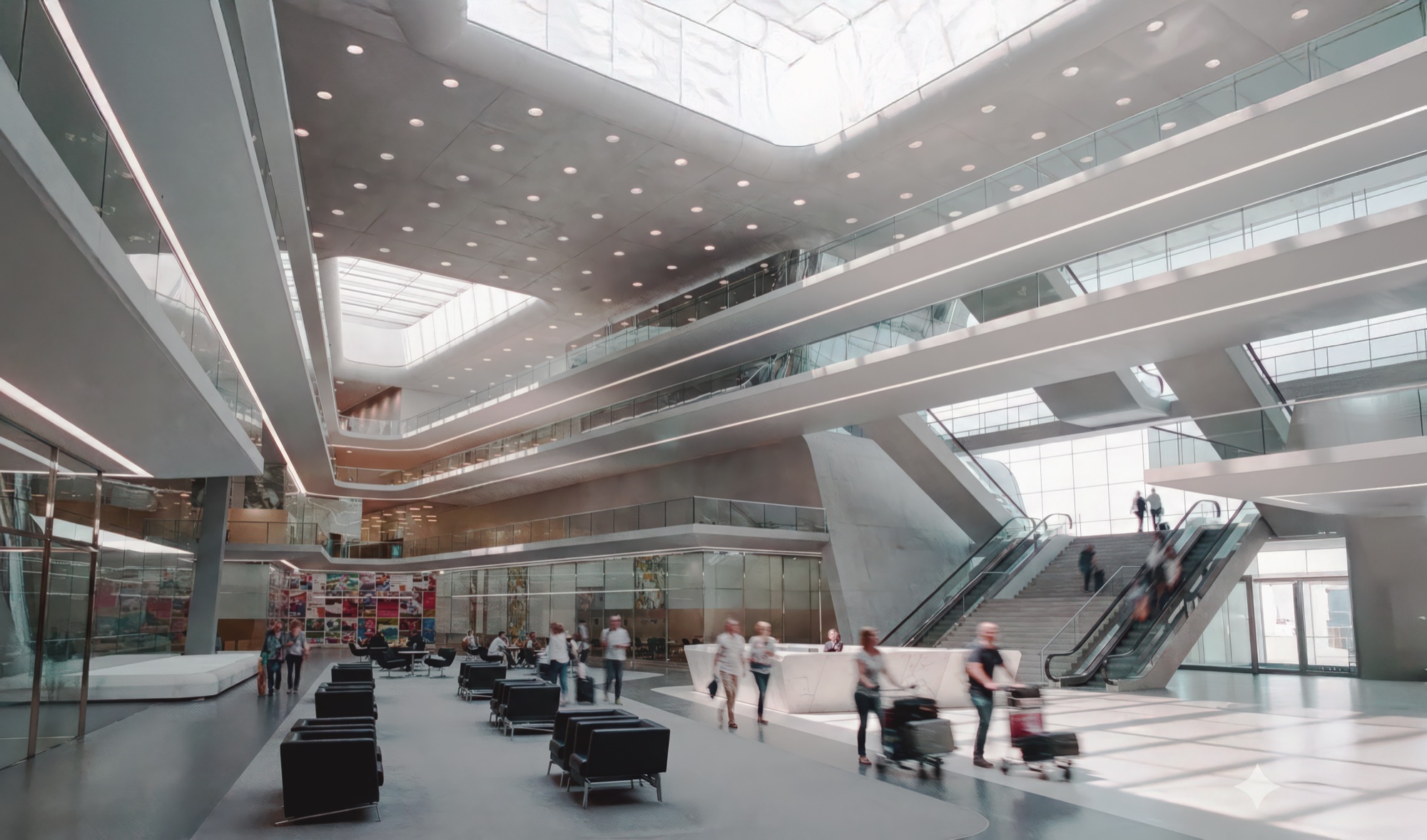 Interior concourse with layered circulation levels, angular ceiling planes, and travelers with luggage