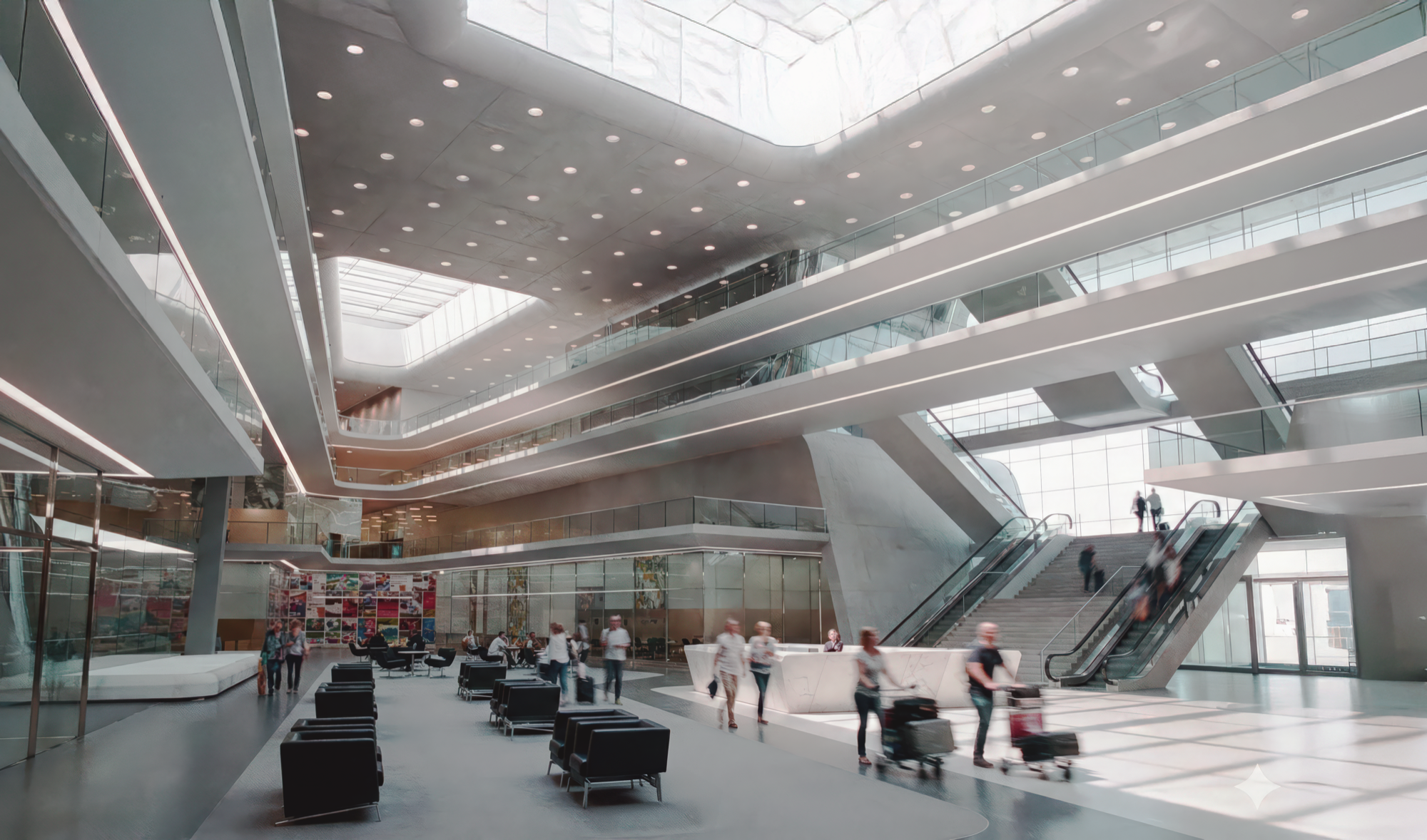 Interior concourse with layered circulation levels, angular ceiling planes, and travelers with luggage