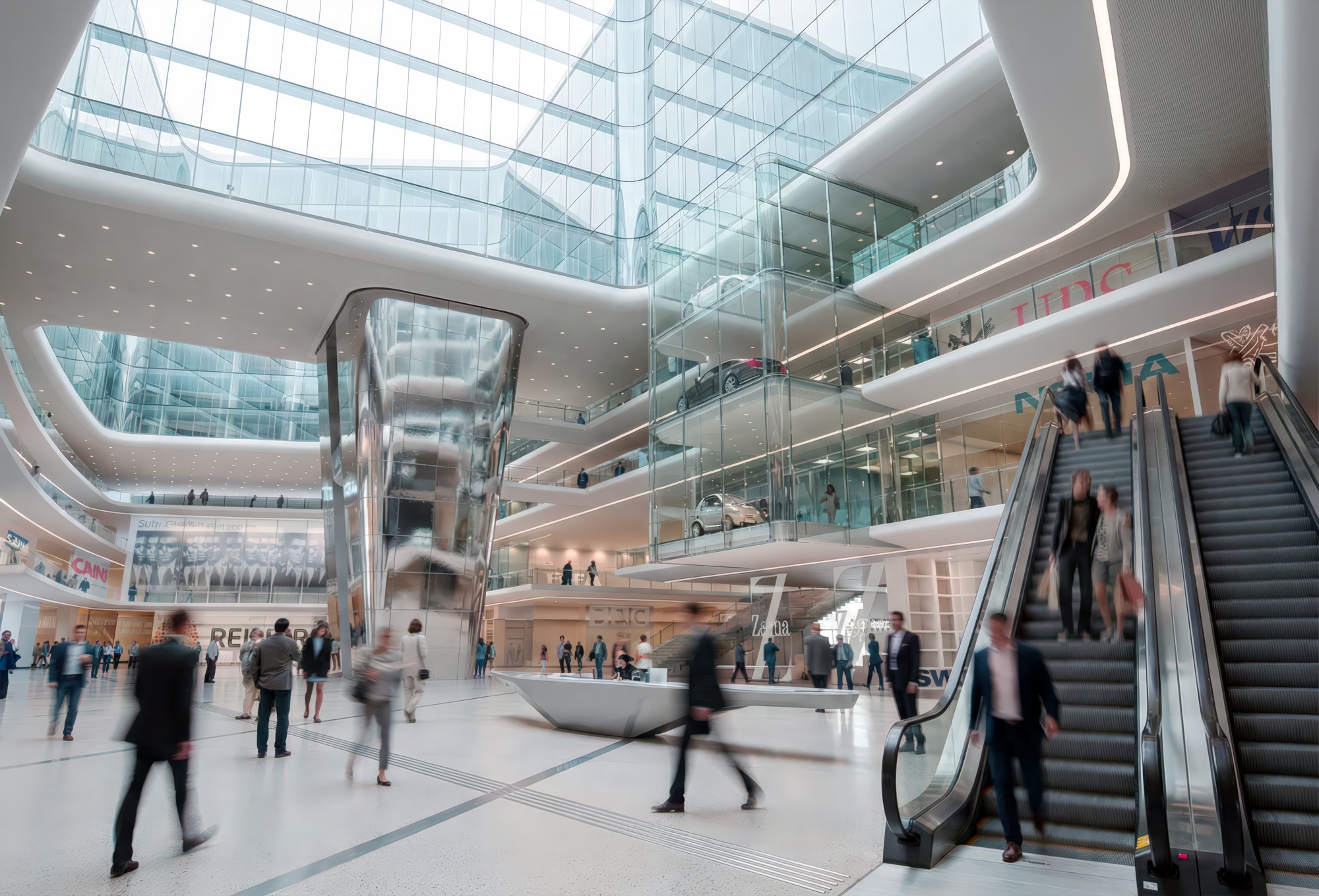 Ground-level retail concourse with glass atrium, escalators, and shoppers