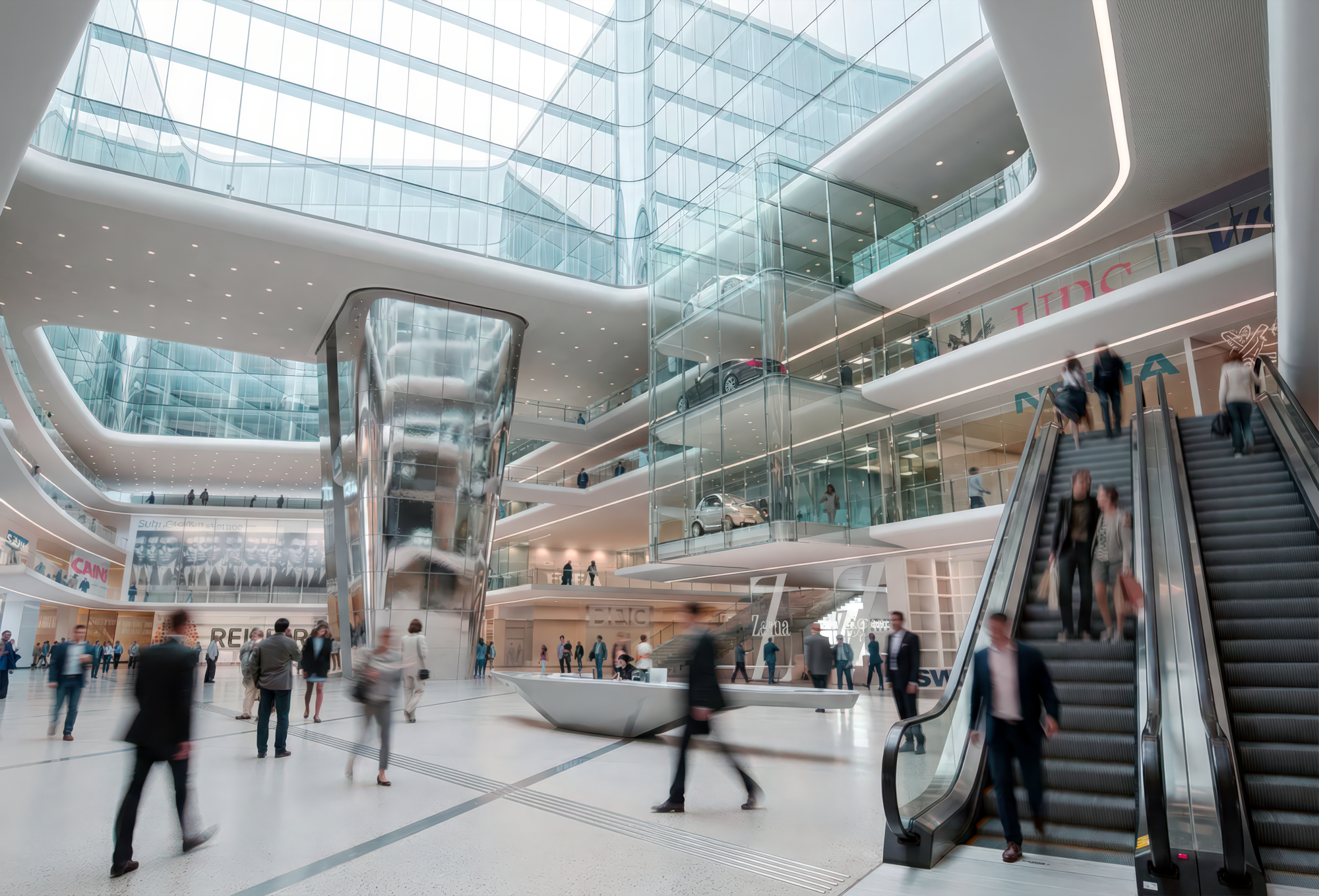 Ground-level retail concourse with glass atrium, escalators, and shoppers
