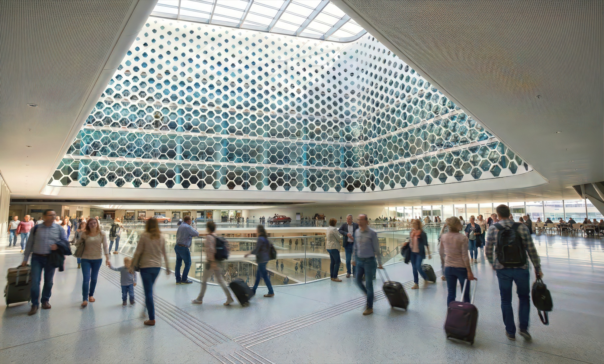 Grand traveler hall with hexagonal glass skylight wall, motion-blurred passengers, and expansive floor plate