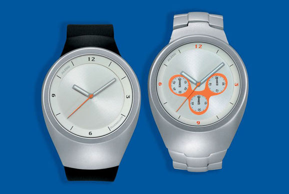Both face configurations of the Alessi Arc Wristwatch shown side by side — the time-only model on a rubber strap, and the chronograph variant with three sub-dials