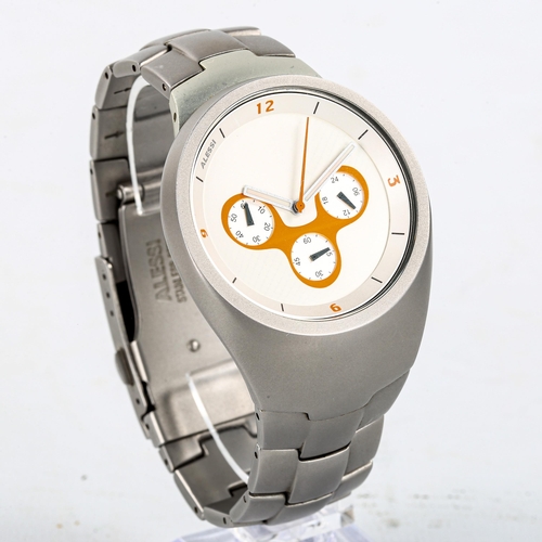 The chronograph variant of the Alessi Arc Wristwatch with brushed-steel bracelet, three-quarter angle