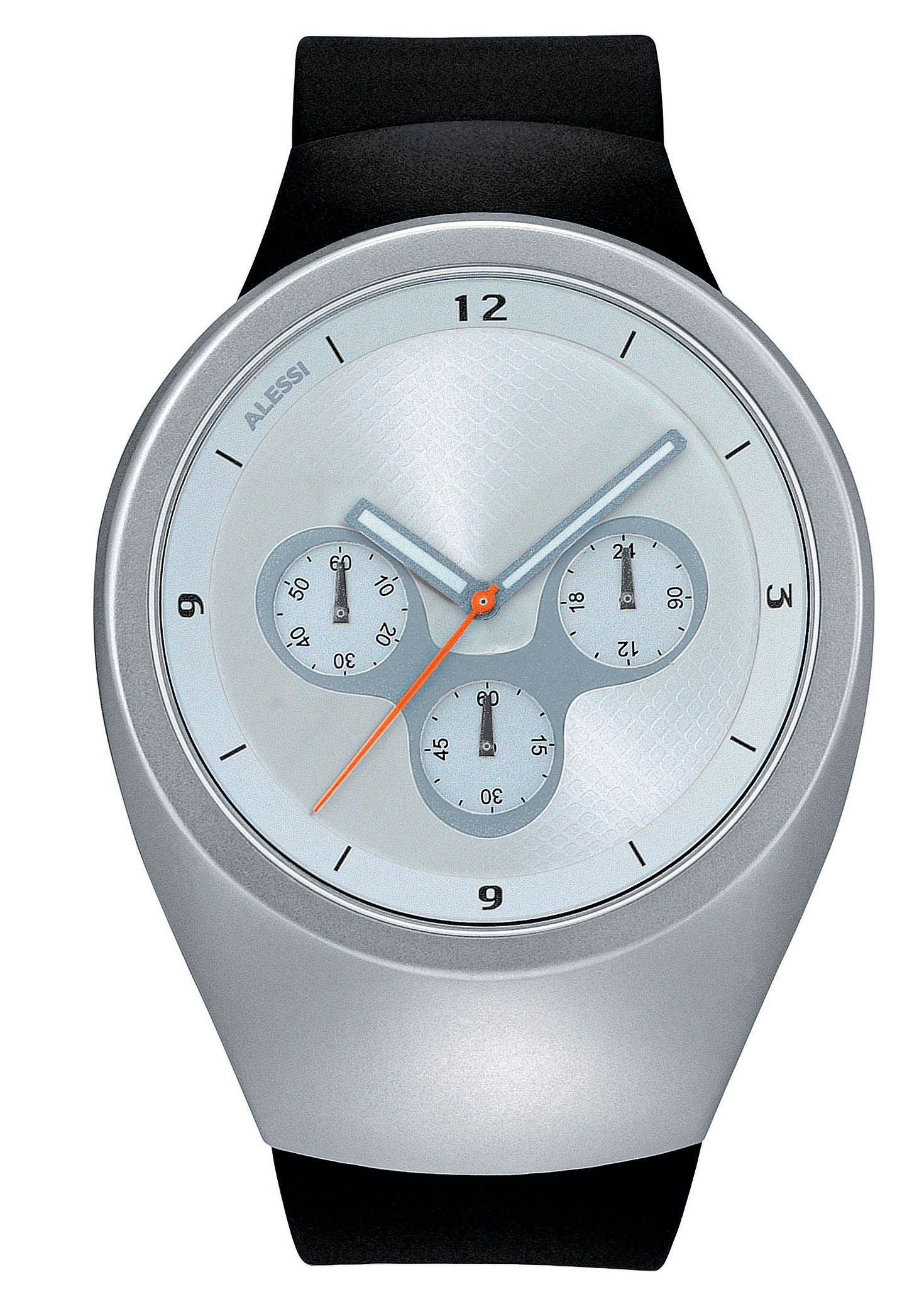 Alessi Arc Wristwatch — the chronograph configuration on a black rubber strap, photographed on a white background