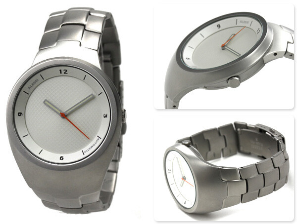 Three views of the time-only Alessi Arc Wristwatch on a brushed-steel bracelet — front, side, and three-quarter