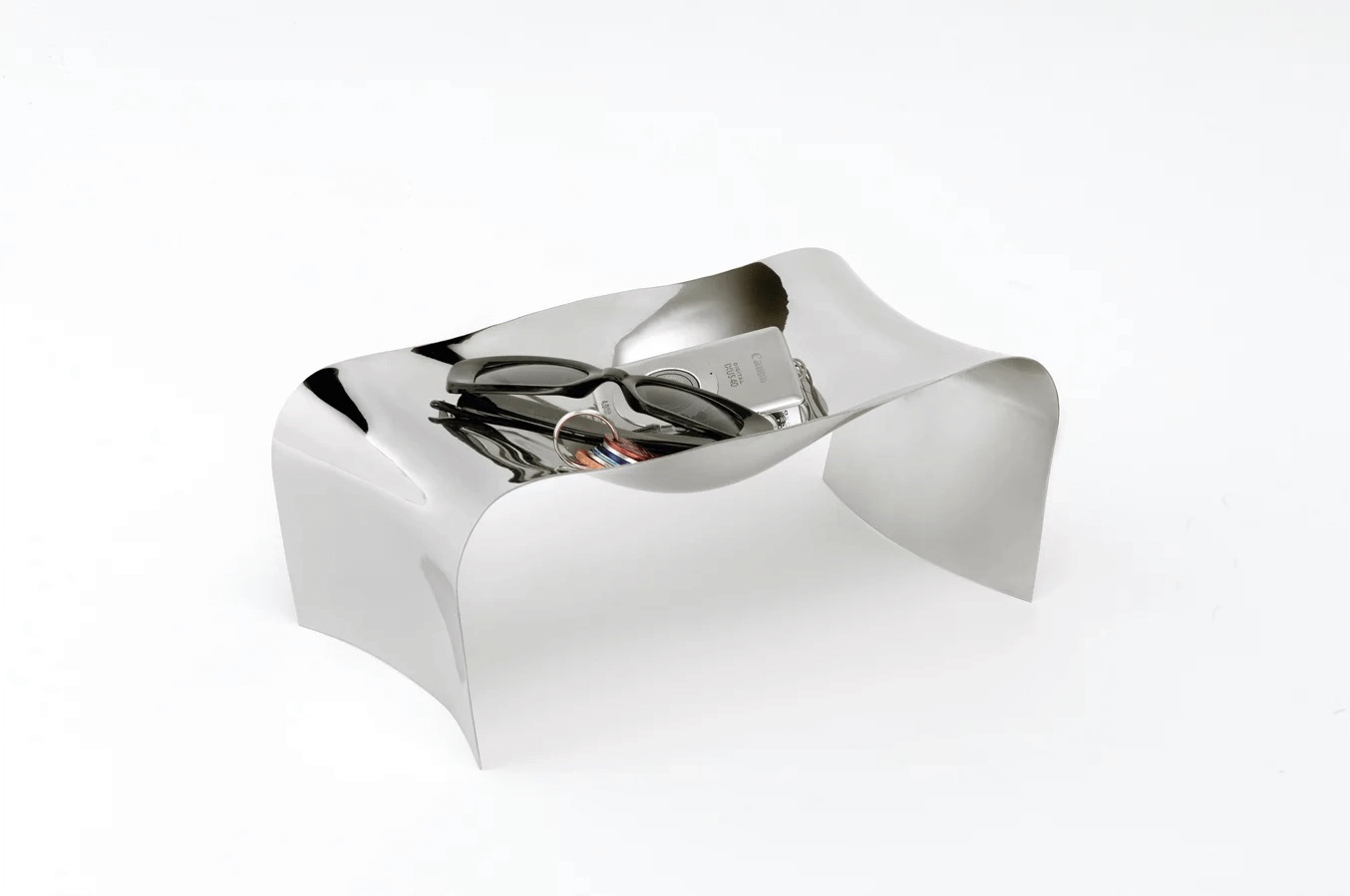 The Scup desk organizer in mirror-polished stainless steel