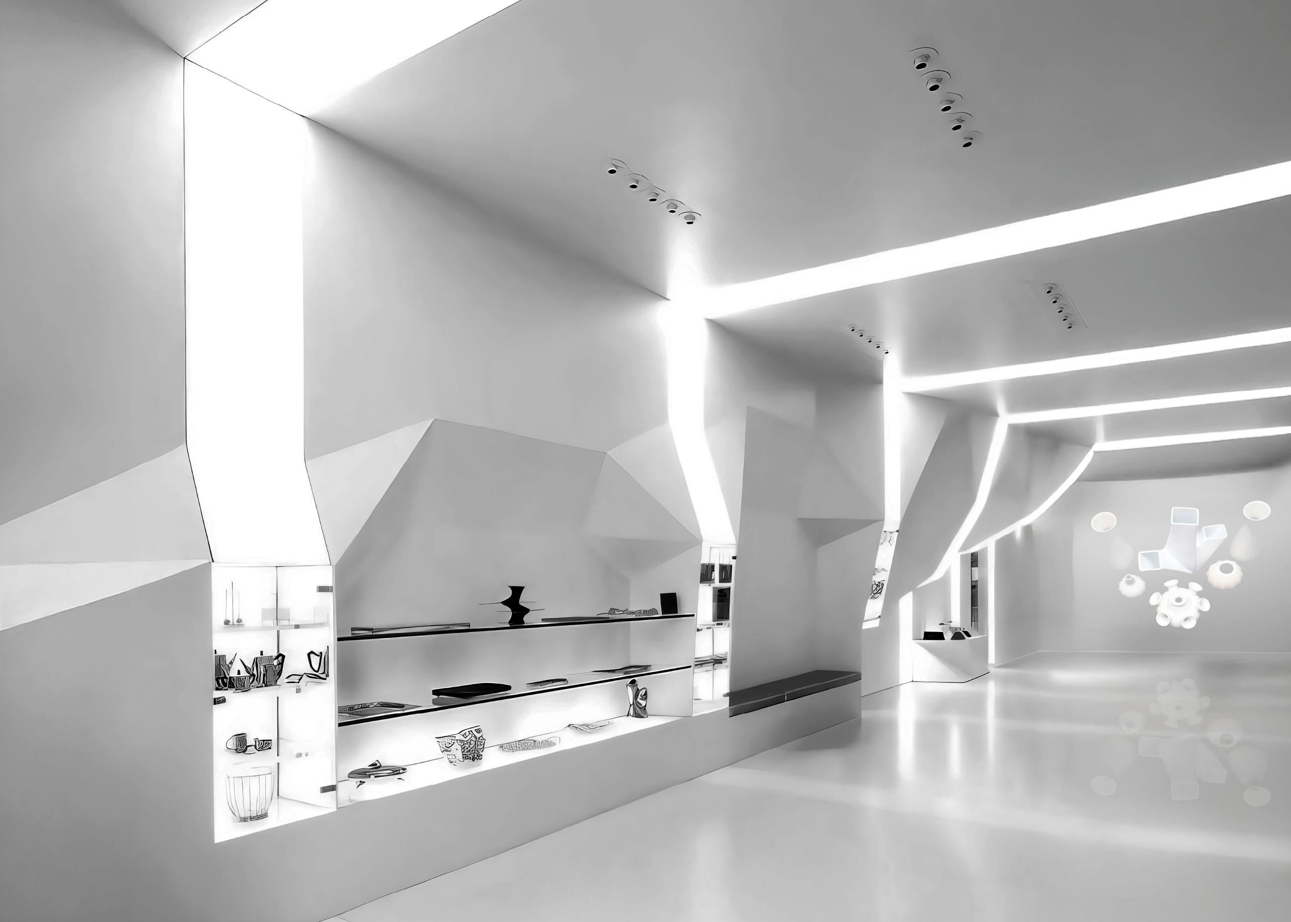 Interior view of the Alessi Flagship Store showing faceted white walls, illuminated display modules, and bands of light