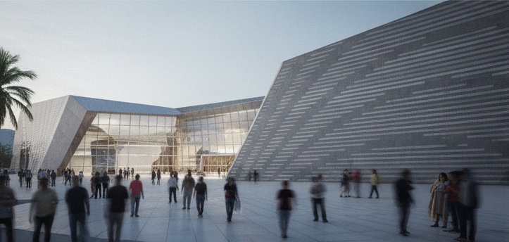 Dusk view of the faith center exterior showing angular facades with illuminated glass walls and visitors moving through the plaza