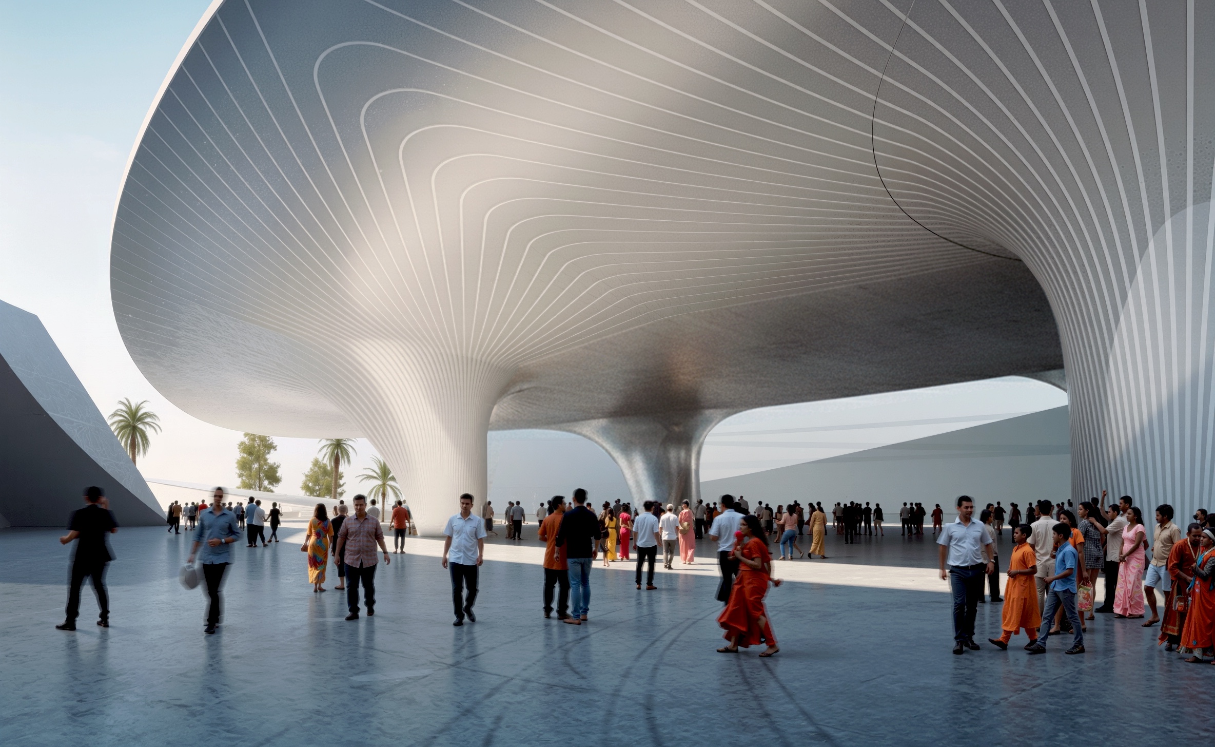 Visitors walking beneath a vast organic canopy structure with sweeping white ribbed surfaces that taper to slender columns, with palm trees visible in the background