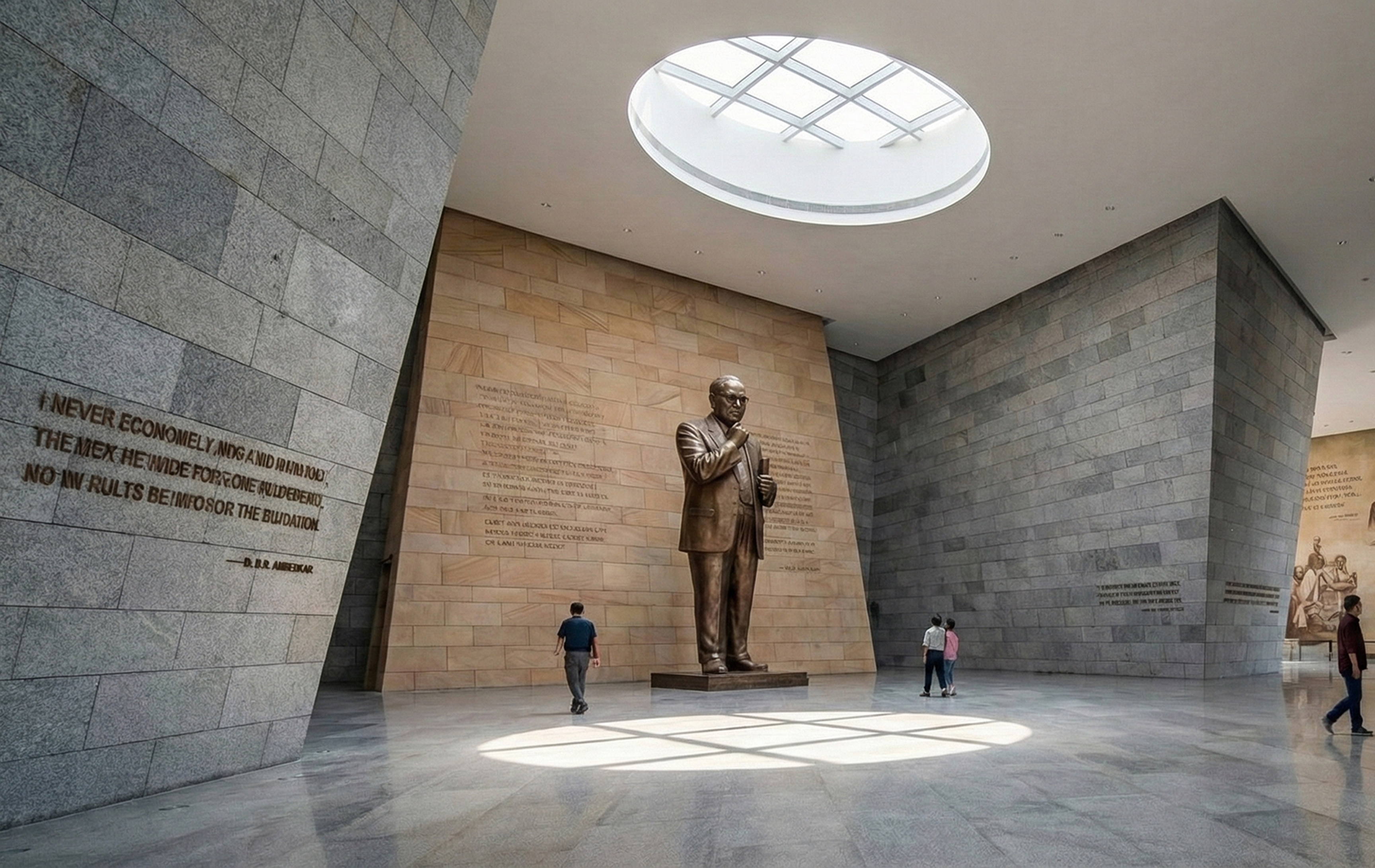Grand interior hall housing a bronze statue of Dr. B.R. Ambedkar beneath a circular skylight, with an inscribed quote on the stone wall and visitors at the base for scale