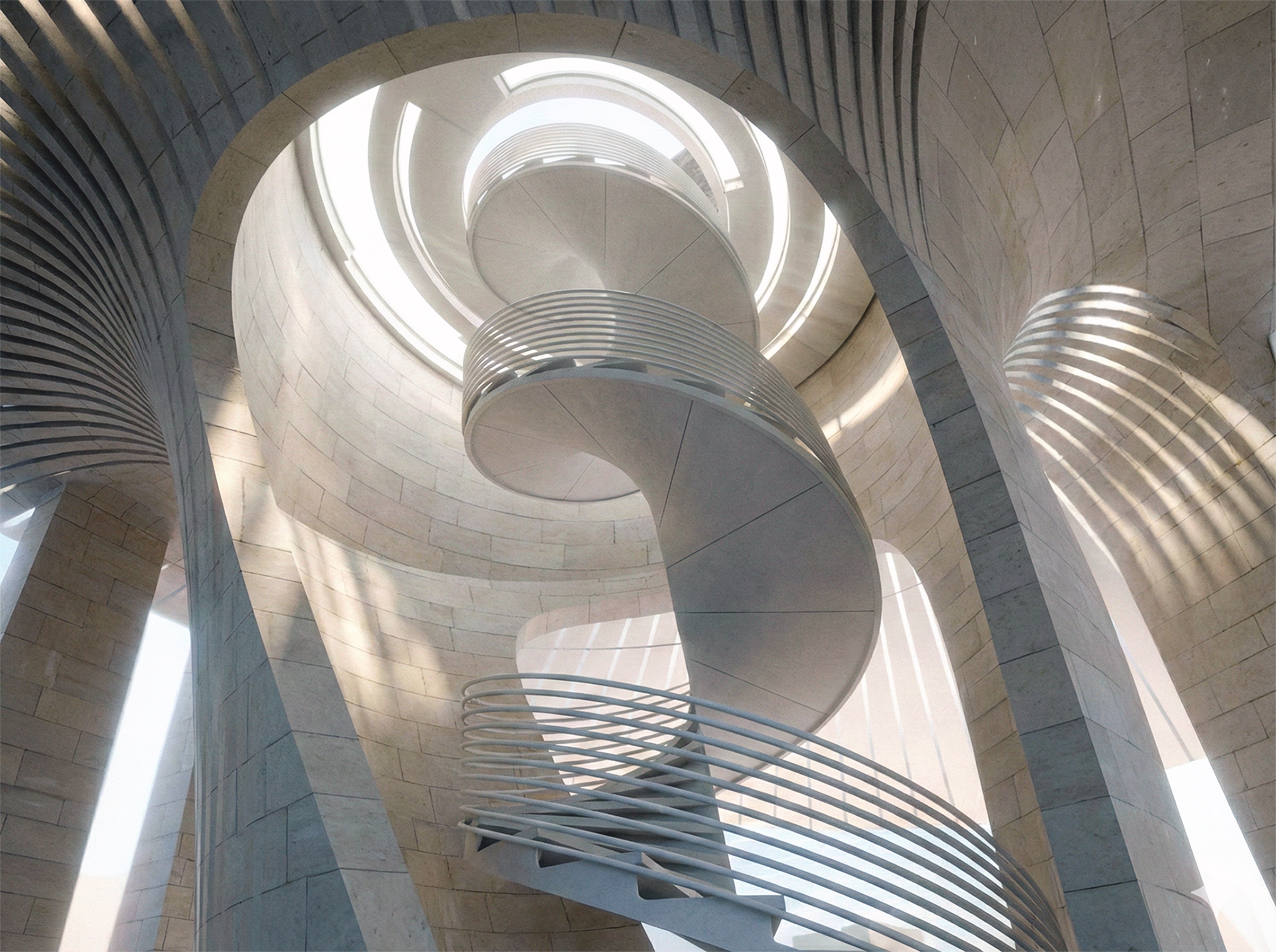 Interior view looking upward through a monumental spiraling staircase with stone-clad walls and a luminous oculus at the top, light filtering through curved openings