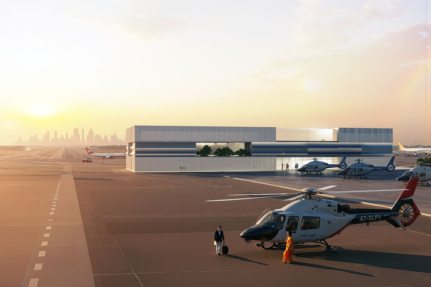 Elevated view of the terminal from the tarmac at sunset with helicopters, commercial aircraft in the background, and the Dubai skyline on the horizon