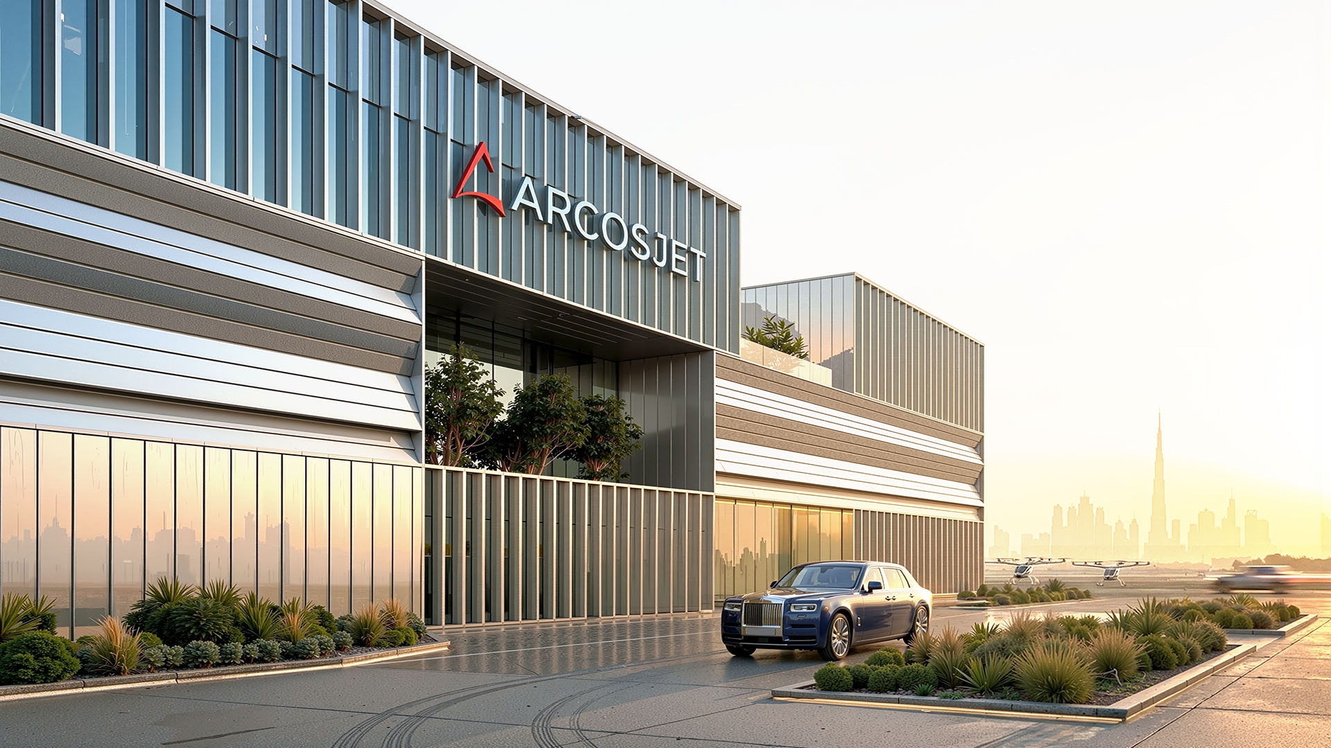 Exterior of the Arcosjet terminal at golden hour with brushed metal facade, luxury vehicle, eVTOL aircraft on the tarmac, and the Dubai skyline beyond