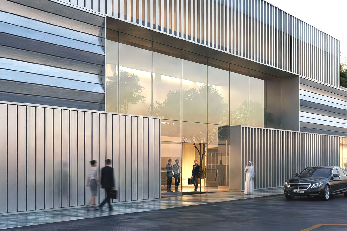 Street-level entrance to the terminal with brushed metal louvers, floor-to-ceiling glazing, guests arriving, and a luxury sedan