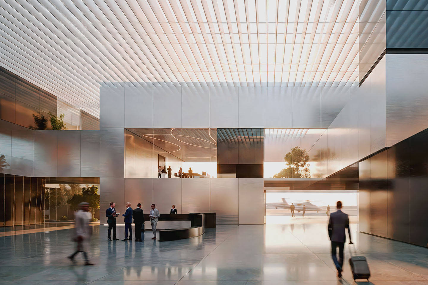 Grand atrium with louvered ceiling, stacked brushed metal volumes, central concierge island, and tarmac with eVTOL aircraft visible through rear openings