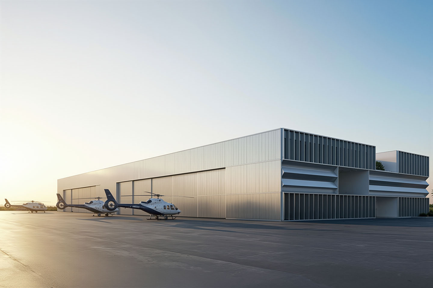 Tarmac-side view of the hangar with large sliding doors, helicopters parked on the apron, and the stacked metal volumes of the terminal beyond