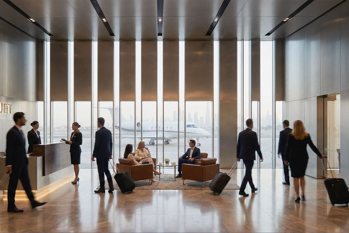 Ground floor reception lobby with brushed steel walls, vertical glazing strips framing a private jet on the tarmac, leather seating, and travelers in motion