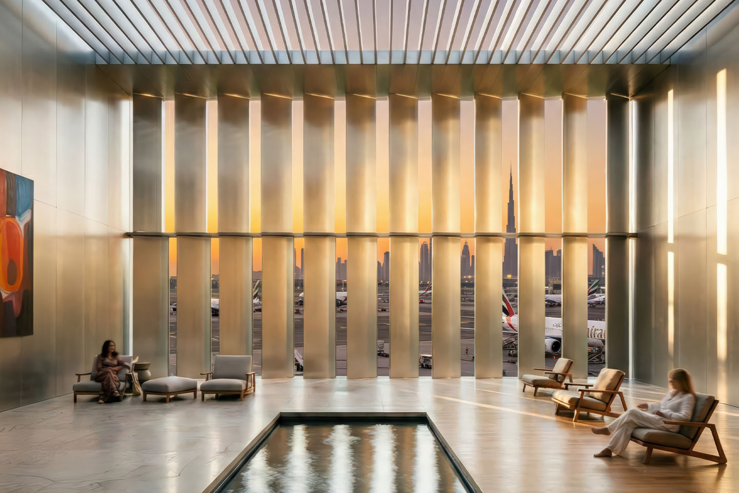 Spa lounge with reflective pool, louvered ceiling, vertical steel louvers framing a sunset view of the tarmac with Burj Khalifa and Emirates aircraft
