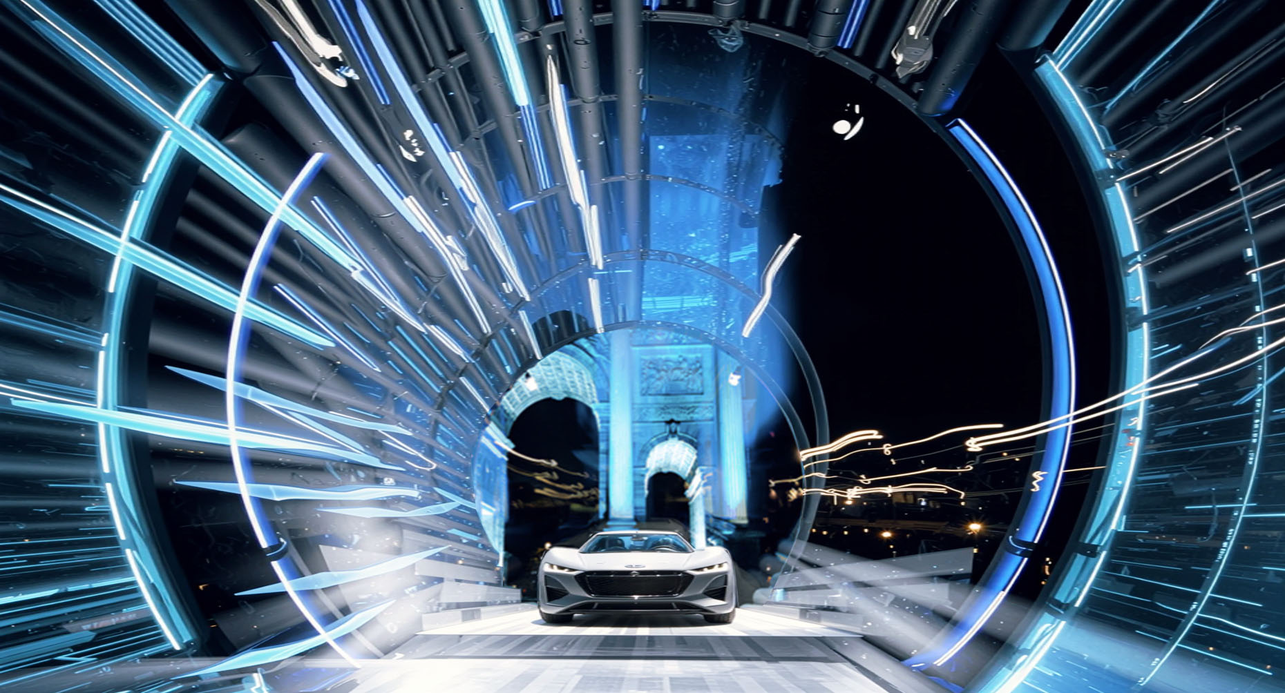 Frontal view inside the Audi E_Station tunnel with E-Tron vehicle and kinetic tubular elements illuminated at night