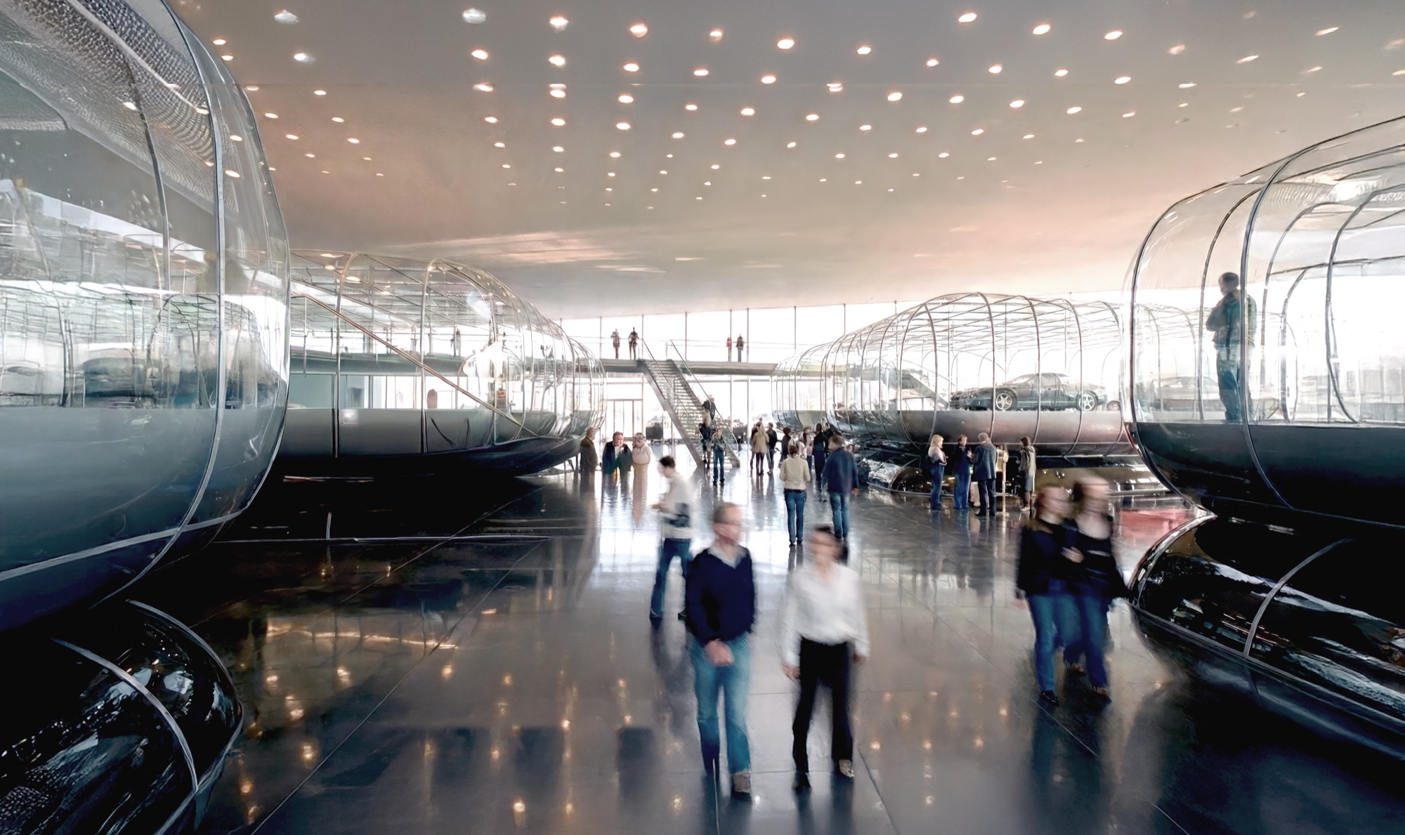 Interior retail concourse with glass pod-like retail volumes, polished reflective floors, escalators, and motion-blurred shoppers