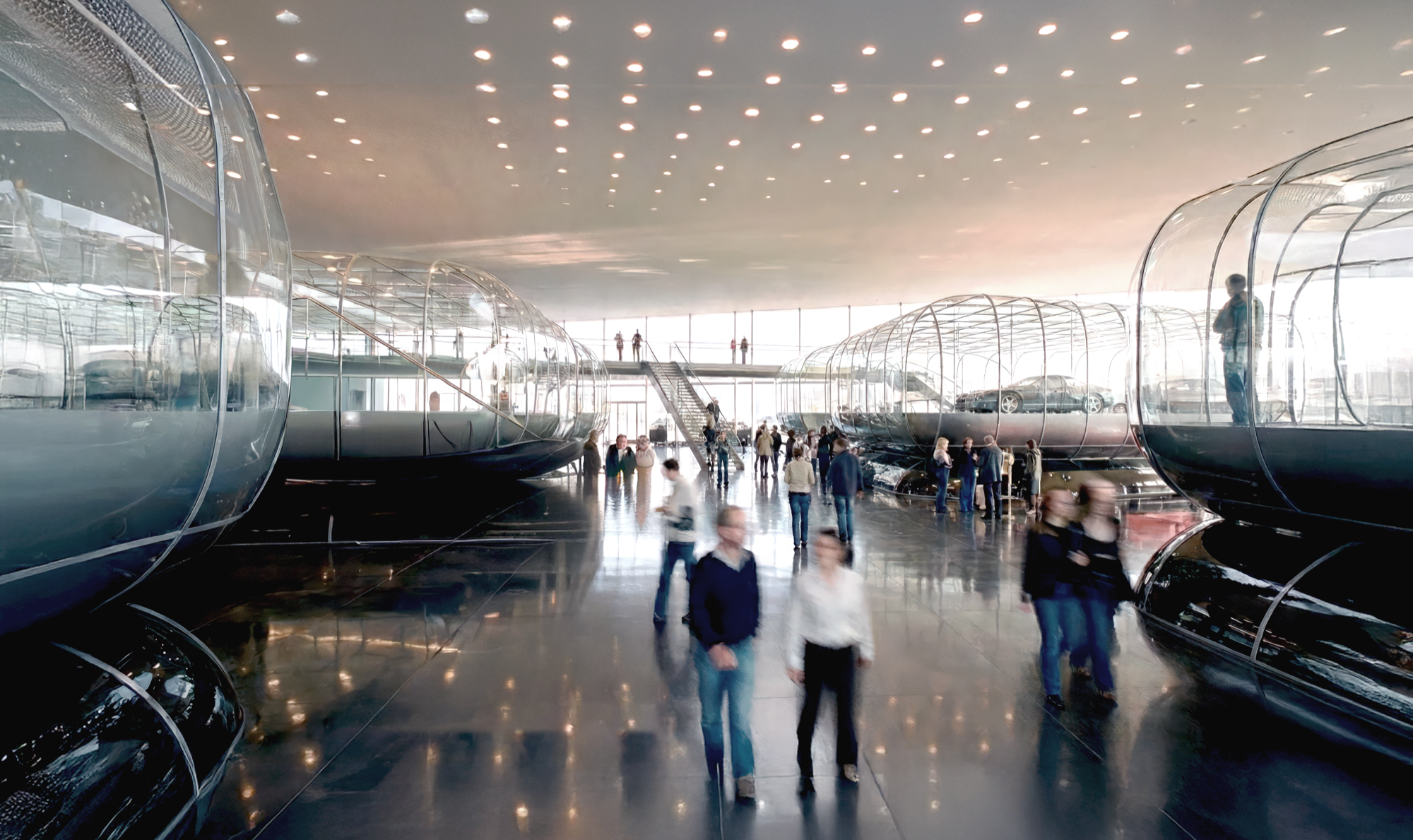 Interior retail concourse with glass pod-like retail volumes, polished reflective floors, escalators, and motion-blurred shoppers
