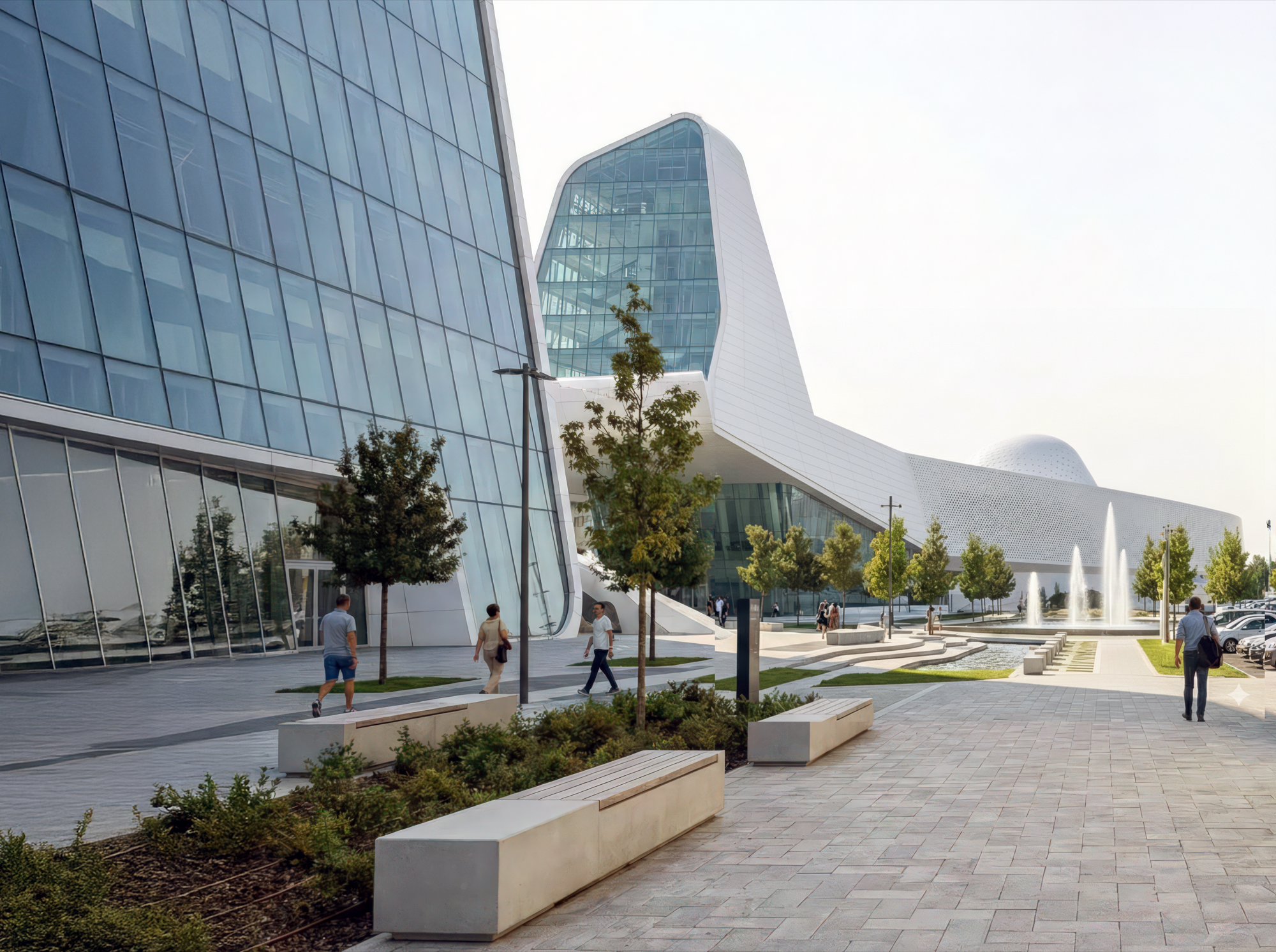 Street-level view along the glass facade with pedestrians, landscaped plaza, stone benches, and water features