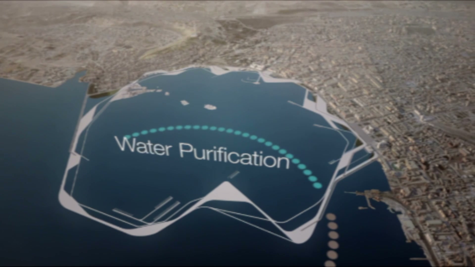 Aerial view of the Baku Waterfront Eco-Cultural Masterplan showing floating cultural pavilions in the Caspian Sea with the Baku city skyline beyond