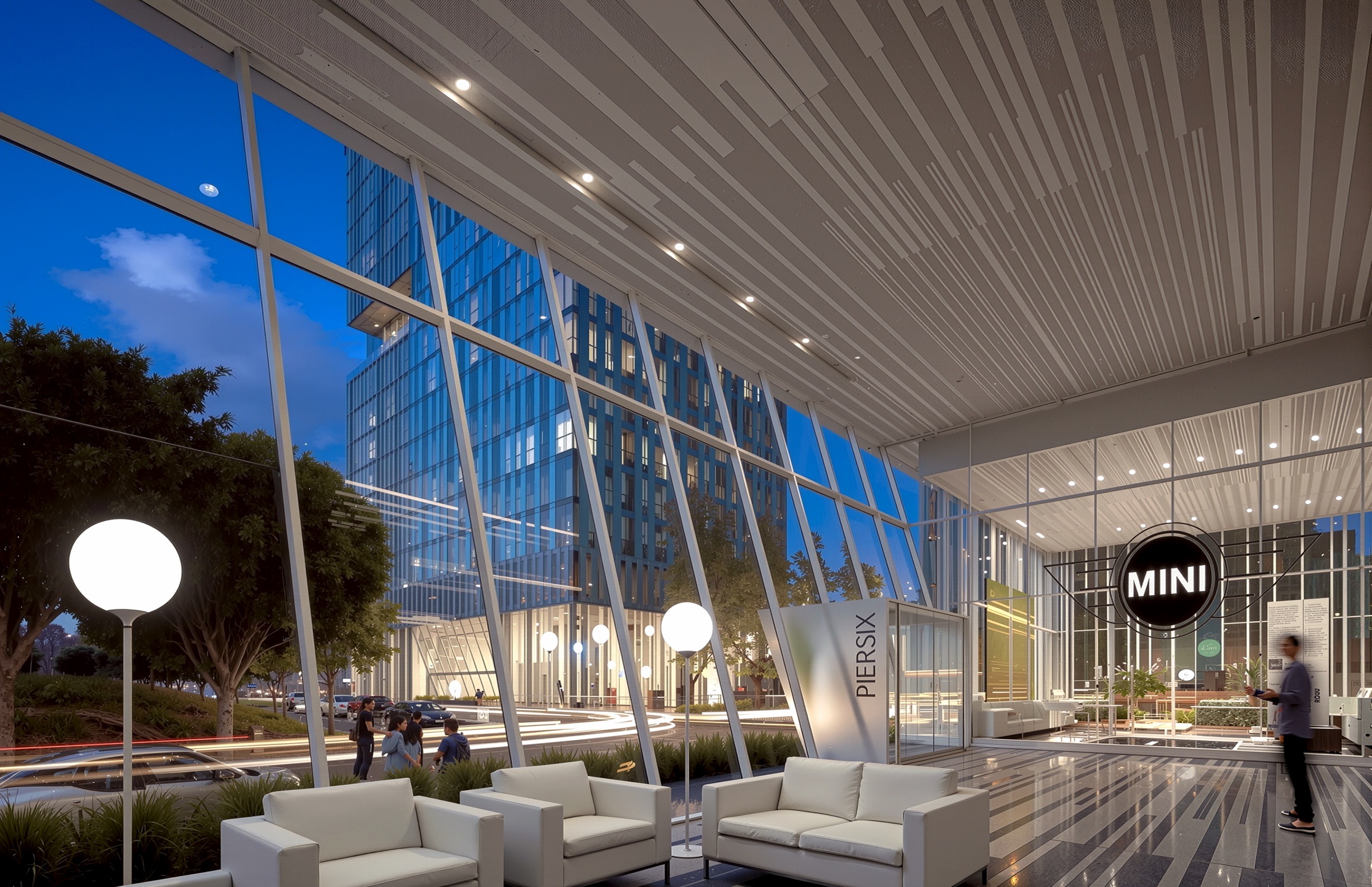 Wider dusk view of the Pier Six lobby and retail entrance with full-height glazing, landscaped frontage, and the faceted glass tower beyond