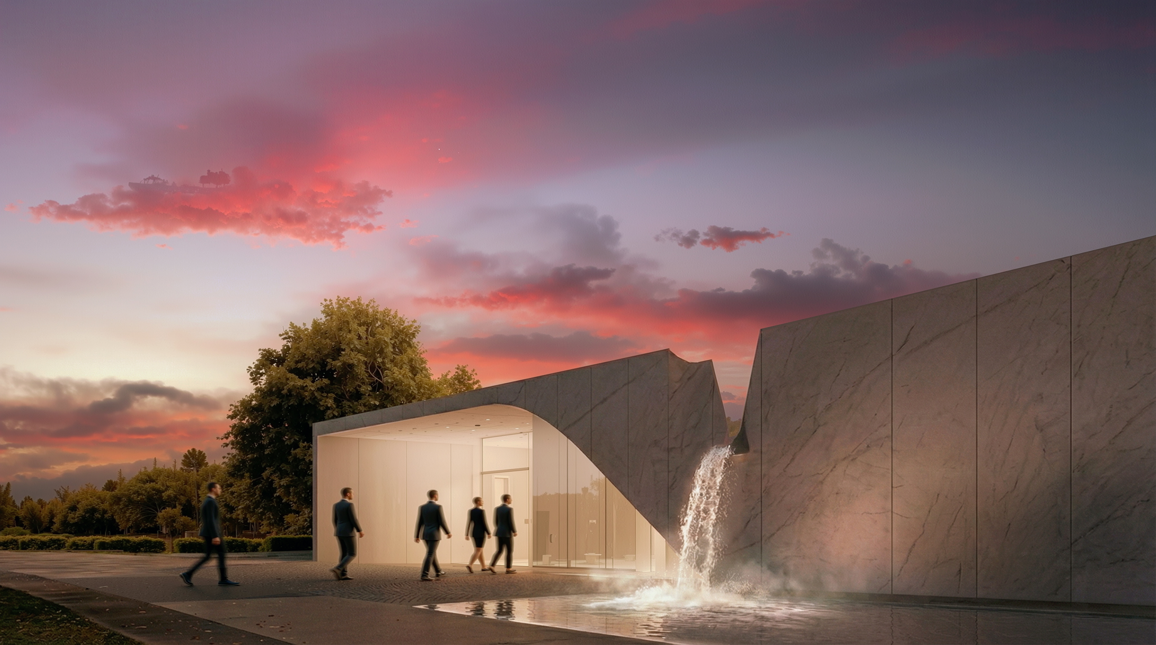 Beukenhof Crematorium at sunset — folded marble volumes with water feature and visitors