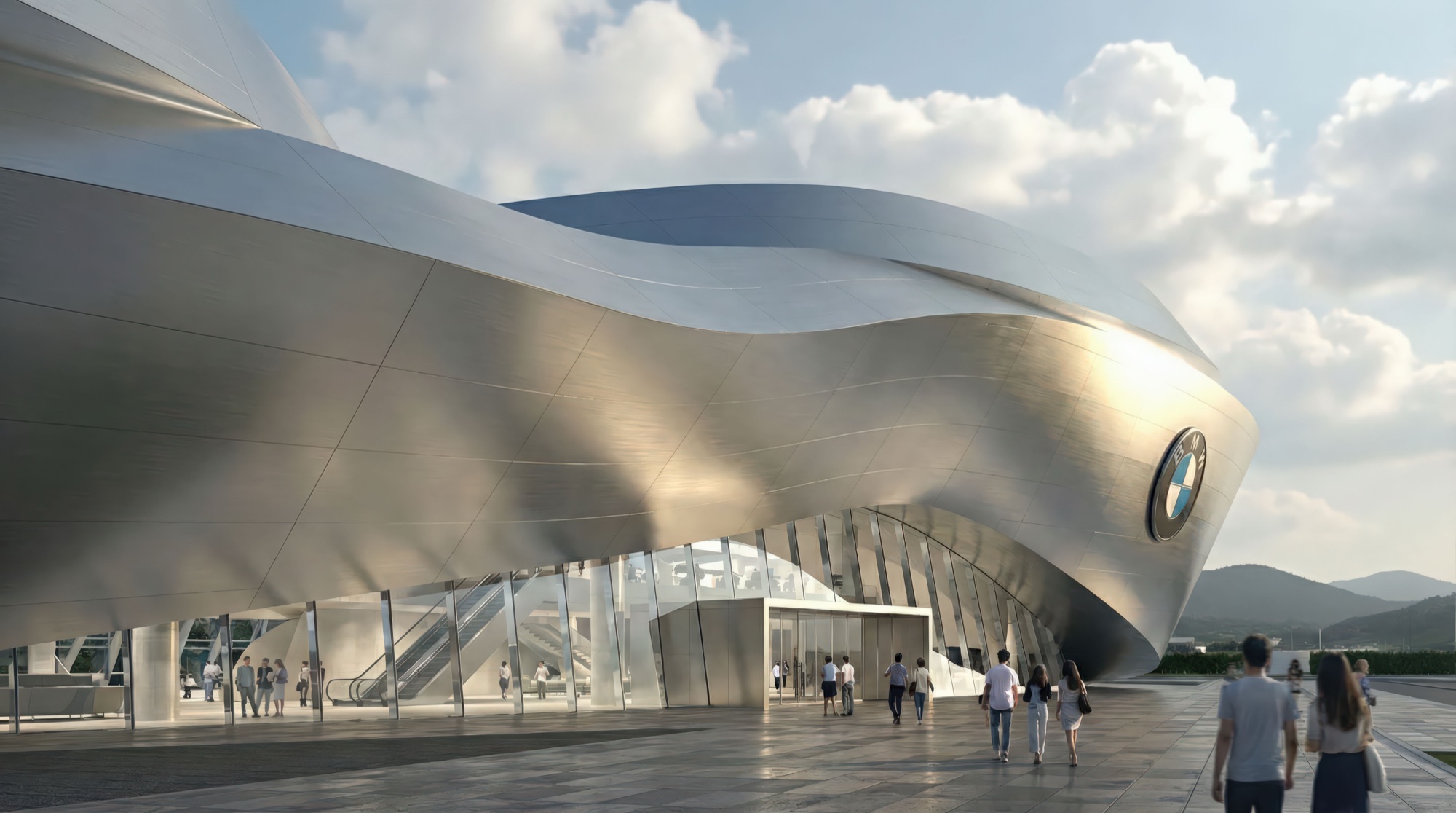 Daytime exterior approach showing visitors walking toward the entrance beneath the sweeping metallic facade with BMW emblem and glass-enclosed escalators
