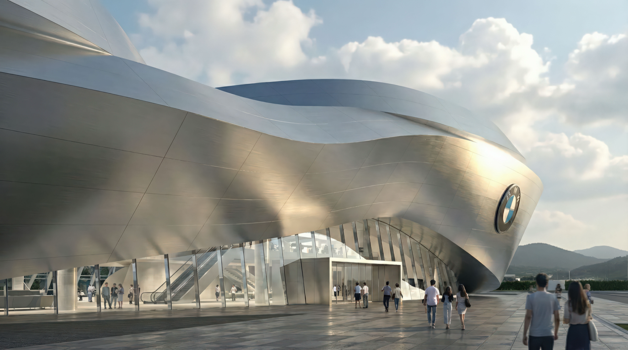 Daytime exterior approach showing visitors walking toward the entrance beneath the sweeping metallic facade with BMW emblem and glass-enclosed escalators