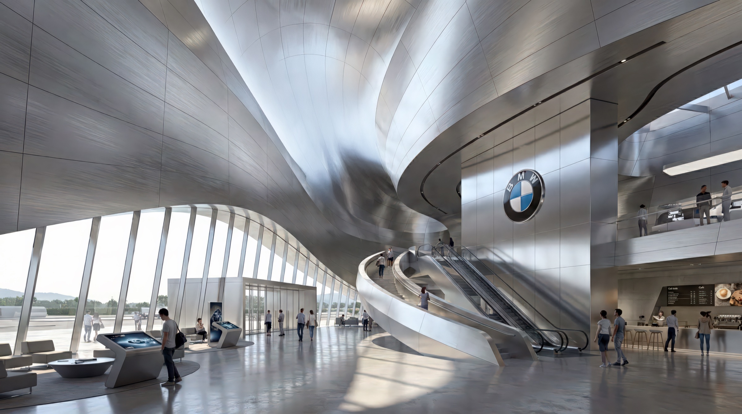 Interior atrium of the BMW Event and Delivery Centre with sweeping metallic ceiling forms, the BMW emblem on a sculptural column, escalators, and visitors on the polished floor
