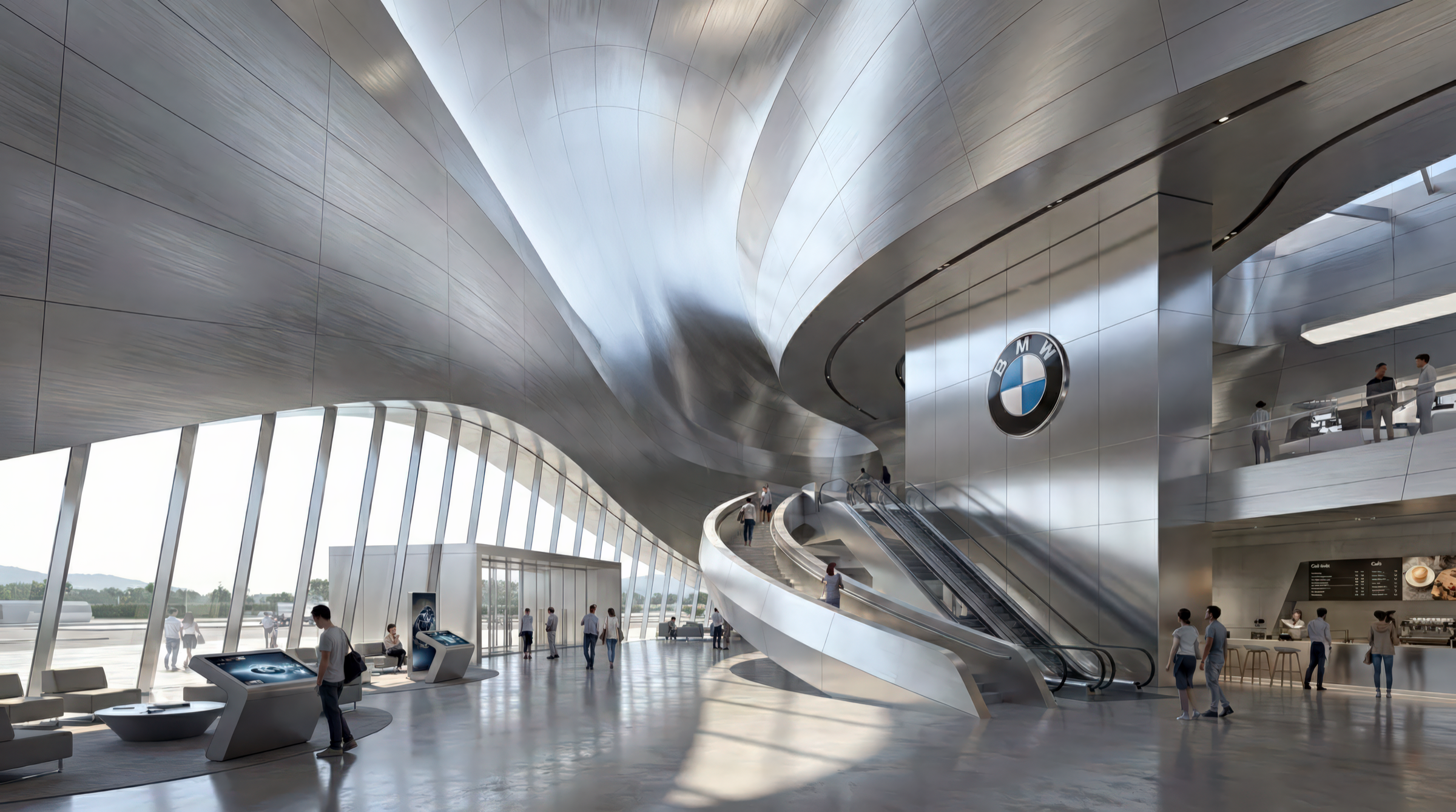 Interior atrium of the BMW Event and Delivery Centre with sweeping metallic ceiling forms, the BMW emblem on a sculptural column, escalators, and visitors on the polished floor