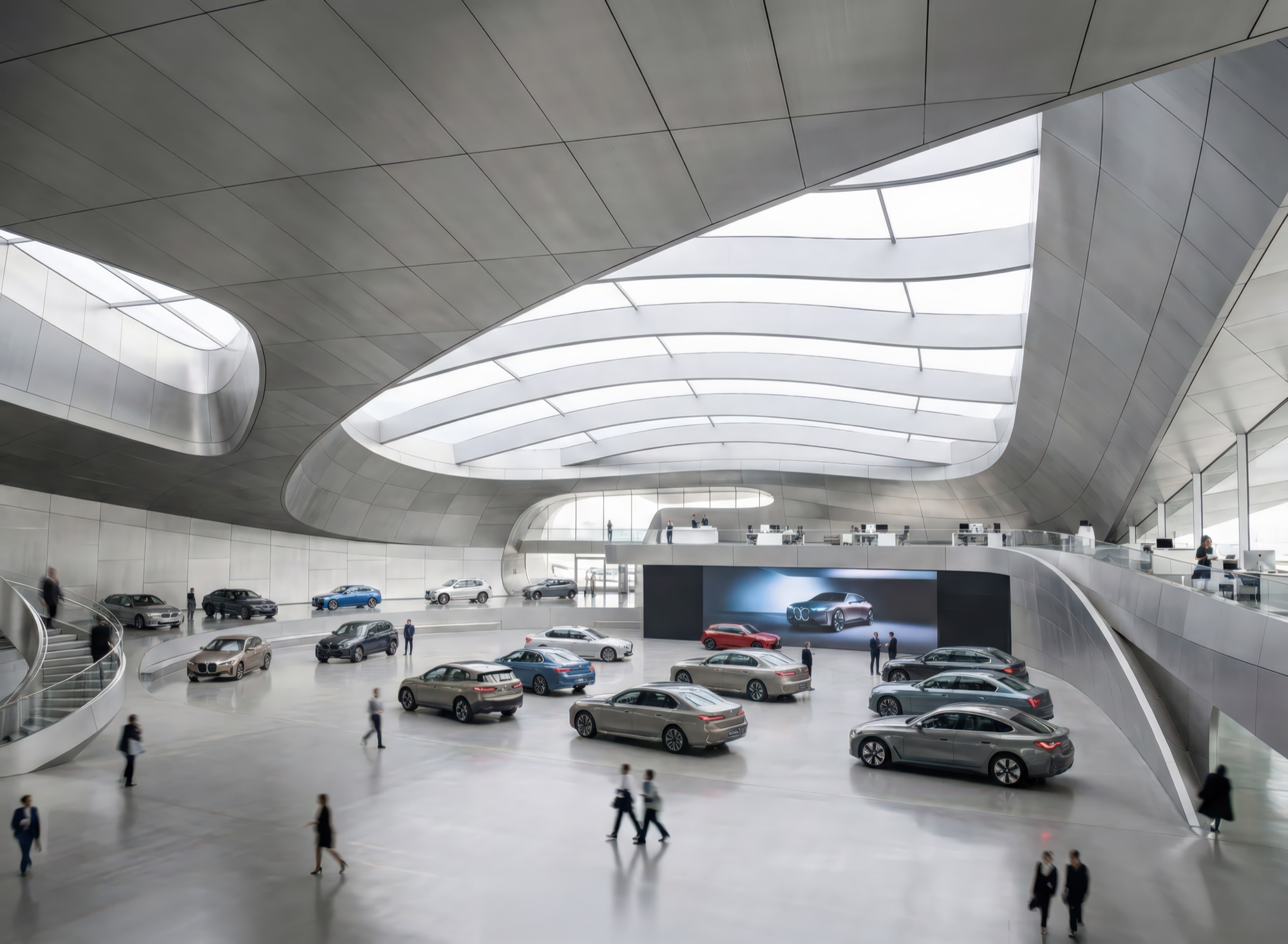 Expansive showroom floor displaying BMW vehicles beneath a dramatic curved skylight ceiling with sweeping metallic forms
