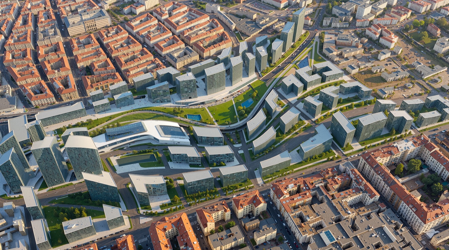 Aerial view of the Bubny masterplan showing the modern development with its green central spine integrated into Prague's historic urban fabric of red-roofed blocks